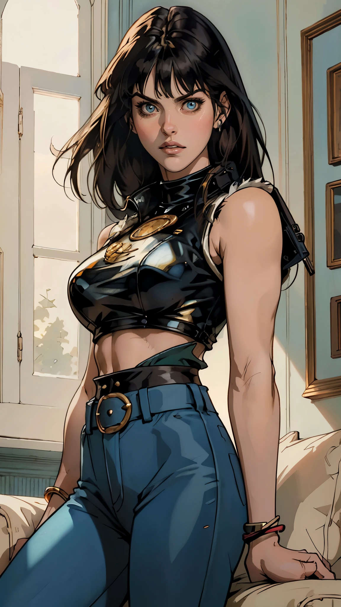 A beautiful woman with long shiny black hair, choppy bangs, a delicate face, a cold proud gaze, a fit figure, a fantasy-style high-necked leather breastplate top, sleeveless, exposes her waist, a bracelet adorns her wrist, tight-fitting leather pants, her right hand holds a Katana with a blue scabbard, she lounges casually sitting on a sofa, this character embodies a finely crafted fantasy-style bounty hunter in anime style, exquisite and mature manga art style, (Alexandra Daddario:1.2), high definition, best quality, highres, ultra-detailed, ultra-fine painting, extremely delicate, professional, anatomically correct, symmetrical face, extremely detailed eyes and face, high quality eyes, creativity, RAW photo, UHD, 32k, Natural light, cinematic lighting, masterpiece-anatomy-perfect, masterpiece:1.5