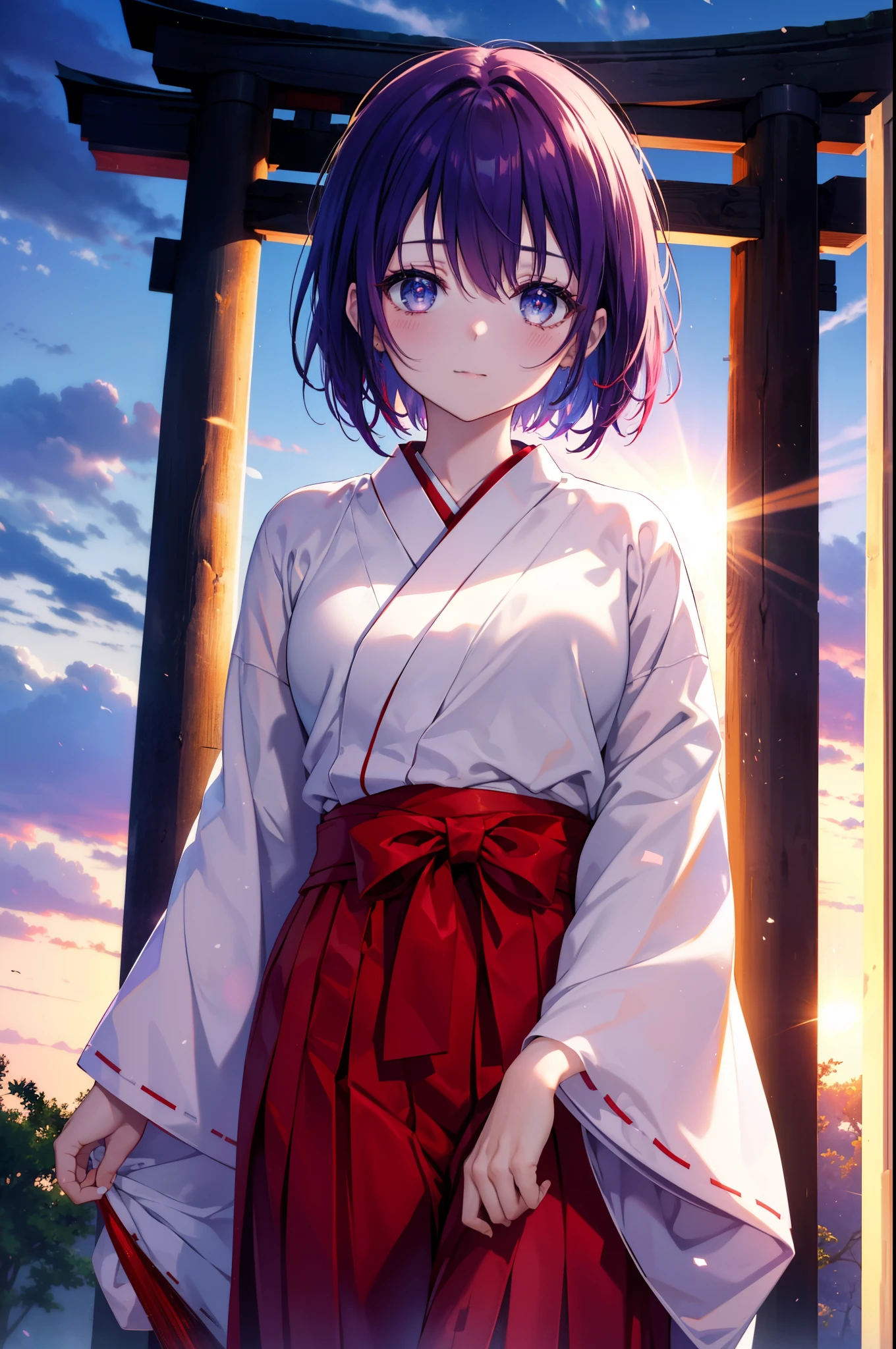 harunasairenji, haruna sairenji, hair ornaments, (purple eyes:1.1), purple hair, short hair, smile,blush,Platycodon,Miko,white kimono, kimono, red hakama,same as skirt, wide sleeve, long sleeve, ribbon trim sleeves, noon,Light of the sun,
looking at the viewer, Are standing, 
break outdoors, shrine,torii,
break looking at viewer,Upper body (cowboy shot:1.5),
break (masterpiece:1.2), highest quality, High resolution, unity 8k wallpaper, (figure:0.8), (detailed and beautiful eyes:1.6), highly detailed face, perfect lighting, Very detailed CG, (perfect hands, perfect anatomy),