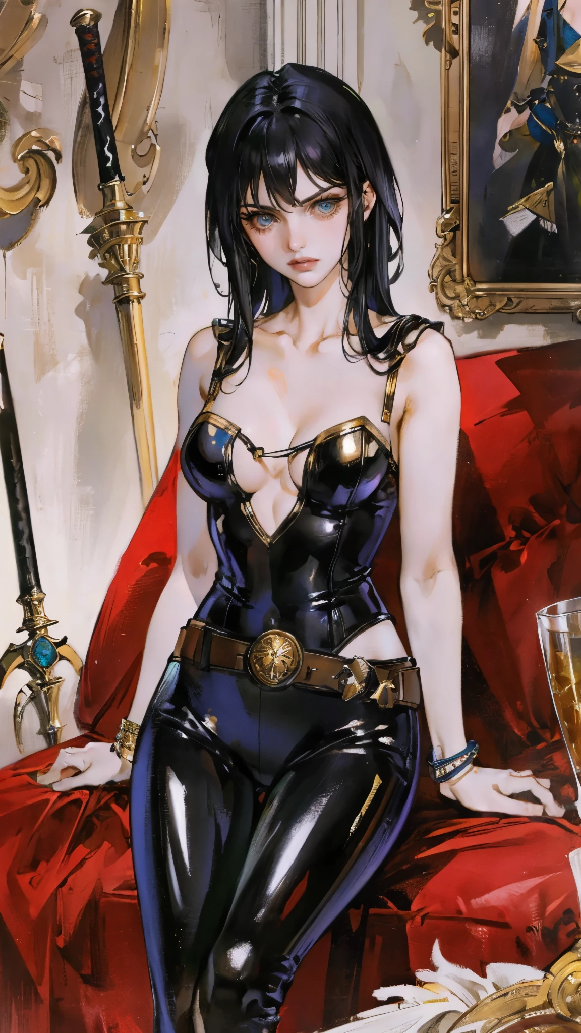 A beautiful woman with long shiny black hair, choppy bangs, a delicate face, a cold proud gaze, a fit figure, a fantasy-style high-necked leather breastplate top, sleeveless, exposes her waist, a bracelet adorns her wrist, tight-fitting leather pants, her right hand holds a Katana with a blue scabbard, she lounges casually sitting on a sofa, this character embodies a finely crafted fantasy-style bounty hunter in anime style, exquisite and mature manga art style, (Alexandra Daddario:1.2), high definition, best quality, highres, ultra-detailed, ultra-fine painting, extremely delicate, professional, anatomically correct, symmetrical face, extremely detailed eyes and face, high quality eyes, creativity, RAW photo, UHD, 32k, Natural light, cinematic lighting, masterpiece-anatomy-perfect, masterpiece:1.5