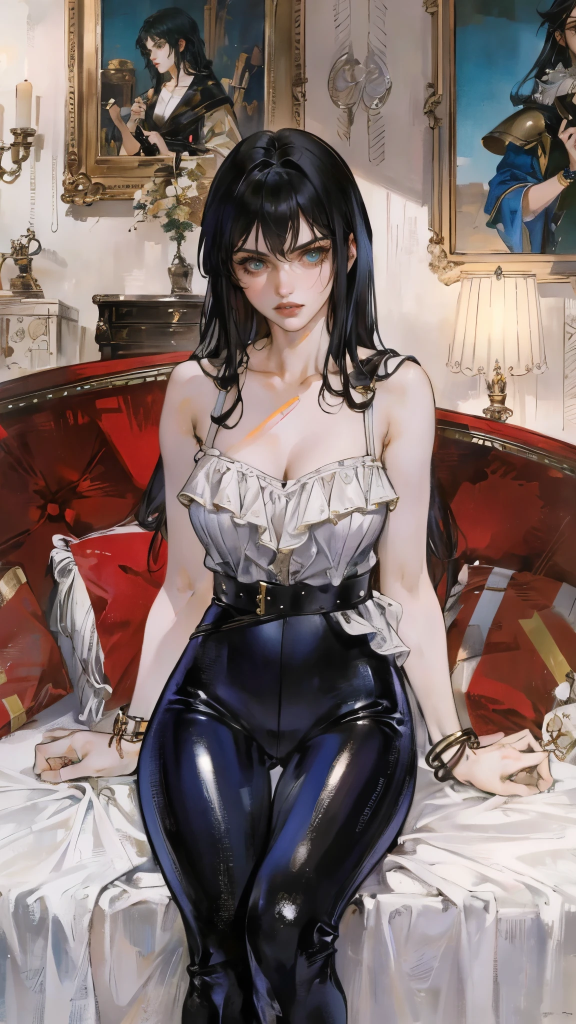 A beautiful woman with long shiny black hair, choppy bangs, a delicate face, a cold proud gaze, a fit figure, a fantasy-style high-necked leather breastplate top, sleeveless, exposes her waist, a bracelet adorns her wrist, tight-fitting leather pants, her right hand holds a Katana with a blue scabbard, she lounges casually sitting on a sofa, this character embodies a finely crafted fantasy-style bounty hunter in anime style, exquisite and mature manga art style, (Alexandra Daddario:1.2), high definition, best quality, highres, ultra-detailed, ultra-fine painting, extremely delicate, professional, anatomically correct, symmetrical face, extremely detailed eyes and face, high quality eyes, creativity, RAW photo, UHD, 32k, Natural light, cinematic lighting, masterpiece-anatomy-perfect, masterpiece:1.5