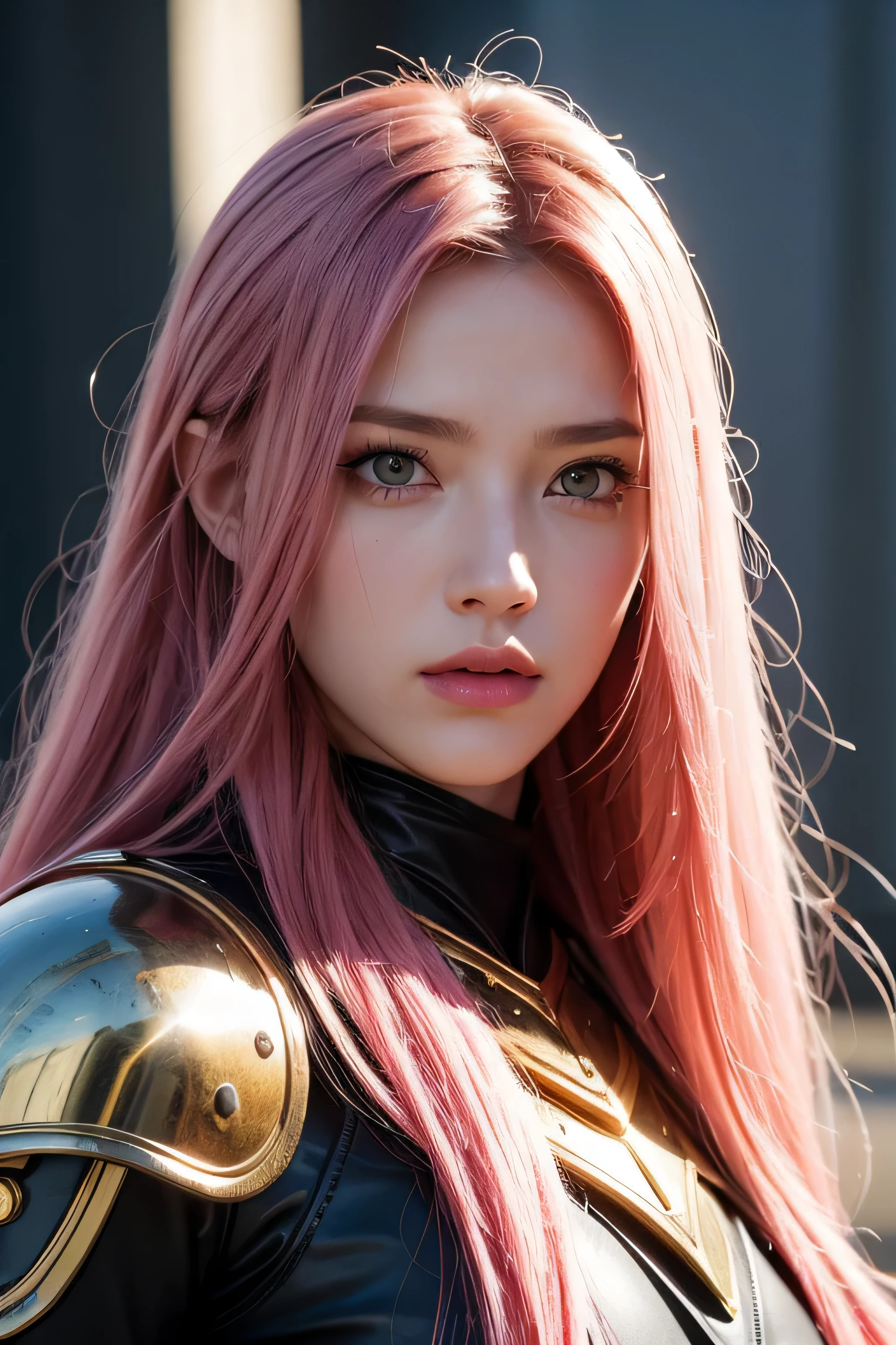(A girl, European, Natural long Pink Hair, red-eyes, warrior, Valkyrie, Goddess As A Face, Tight-fitting leather armor),(Best Quality,4k,8K,hight resolution,Masterpiece:1.2),Ultra-detailed,(Realistic,Photorealistic,photo-realistic:1.37),portrai, Vivid colors, Warm tones, soft-lighting, Expensive Outfit, Strict clothing.