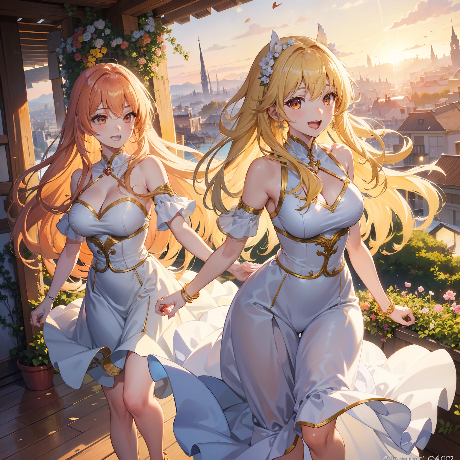Beautiful anime couple, both with expressive, almond-shaped eyes, slender, agile figures, long, wavy hair, synchronized clothing in vibrant hues, laughing in love on a blissful, picturesque hilltop, sunset casting warm, golden tones, in ultra-detailed, realistic style, 4K resolution, HDR, dynamic lighting, capturing their heartfelt connection.