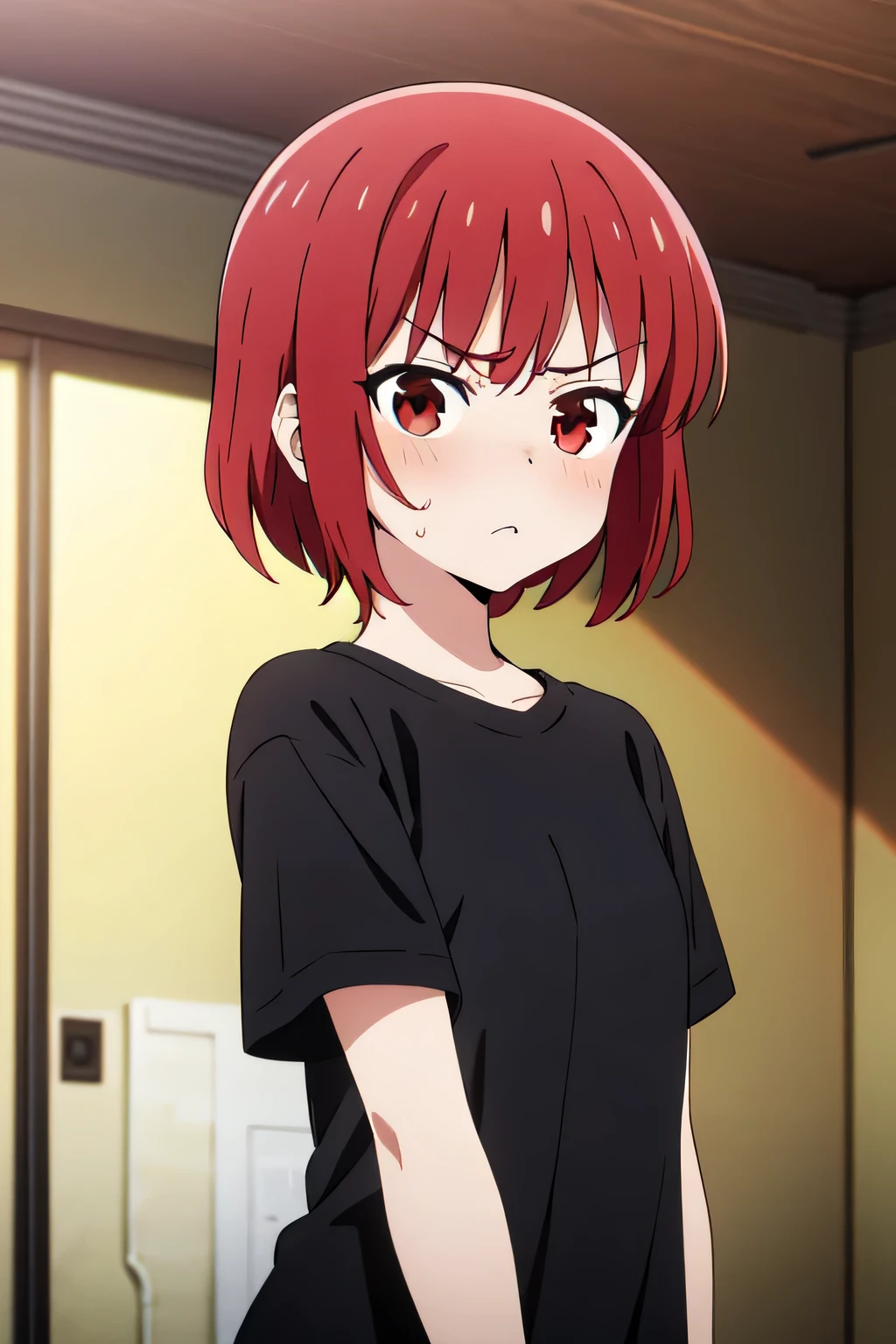 anime sytle beautiful woman, solo, black shirt, tight shirt, dark red hair, short hair, pouty face, red eyes, bangs, short sleeves, upper body, angry, bright red hair accent, red face, cowboy shot, first person view, small breasts, best quality, highres, highest quality, high resolution.