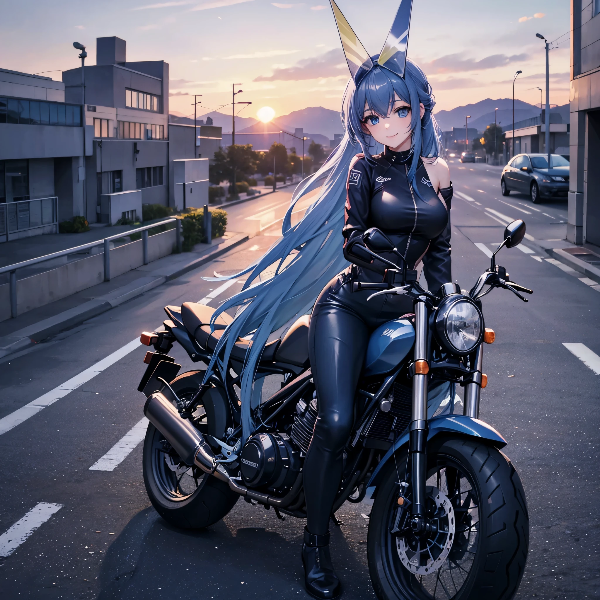 a woman in casual clothes, leaning on a motorbike, in a car parking lot, background building, sunset, long blue hair, blue eyes, smiling, high quality, ultra resolution, very detailed, 4k hd
