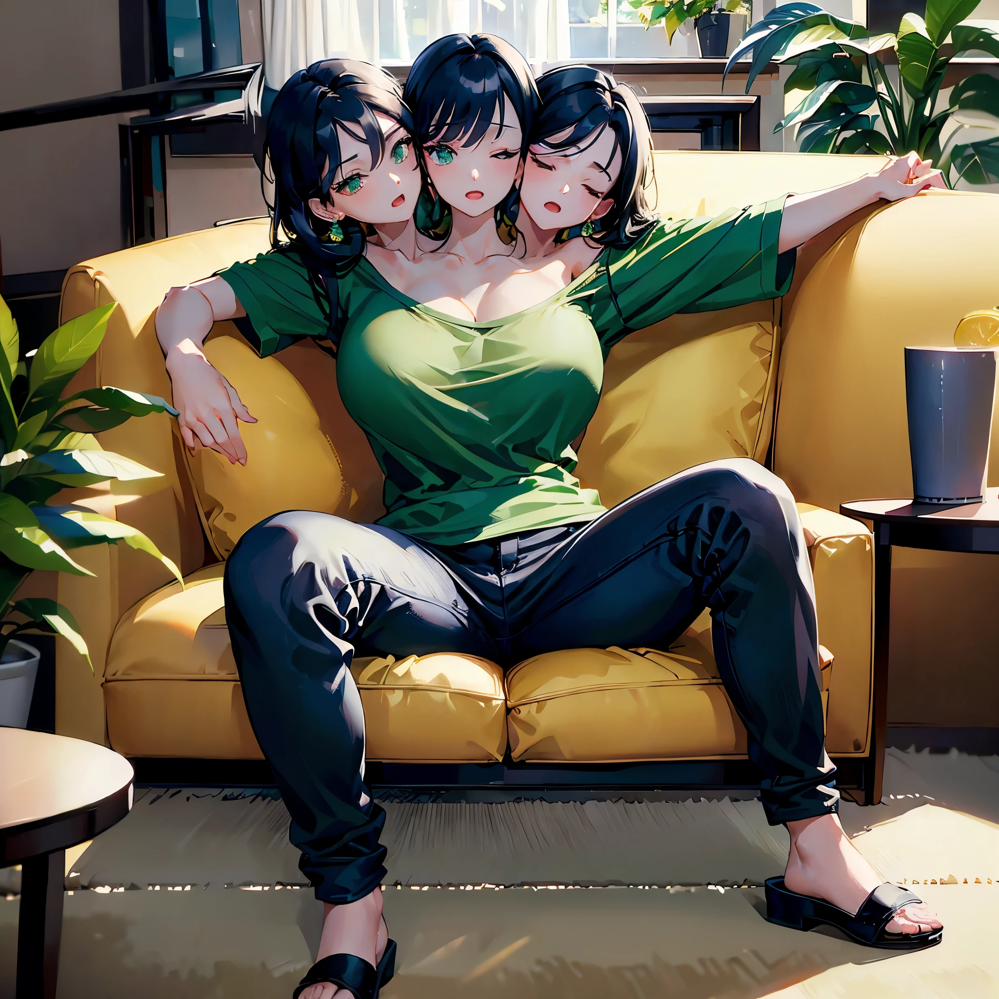 (masterpiece, best quality), best resolution, (3heads:1.5), 1girl, black hair, green eyes, eyes closed, open mouth, yawning, relaxed, arms stretched up, hands over head, blue t-shirt, black pants, sitting on a couch, living room