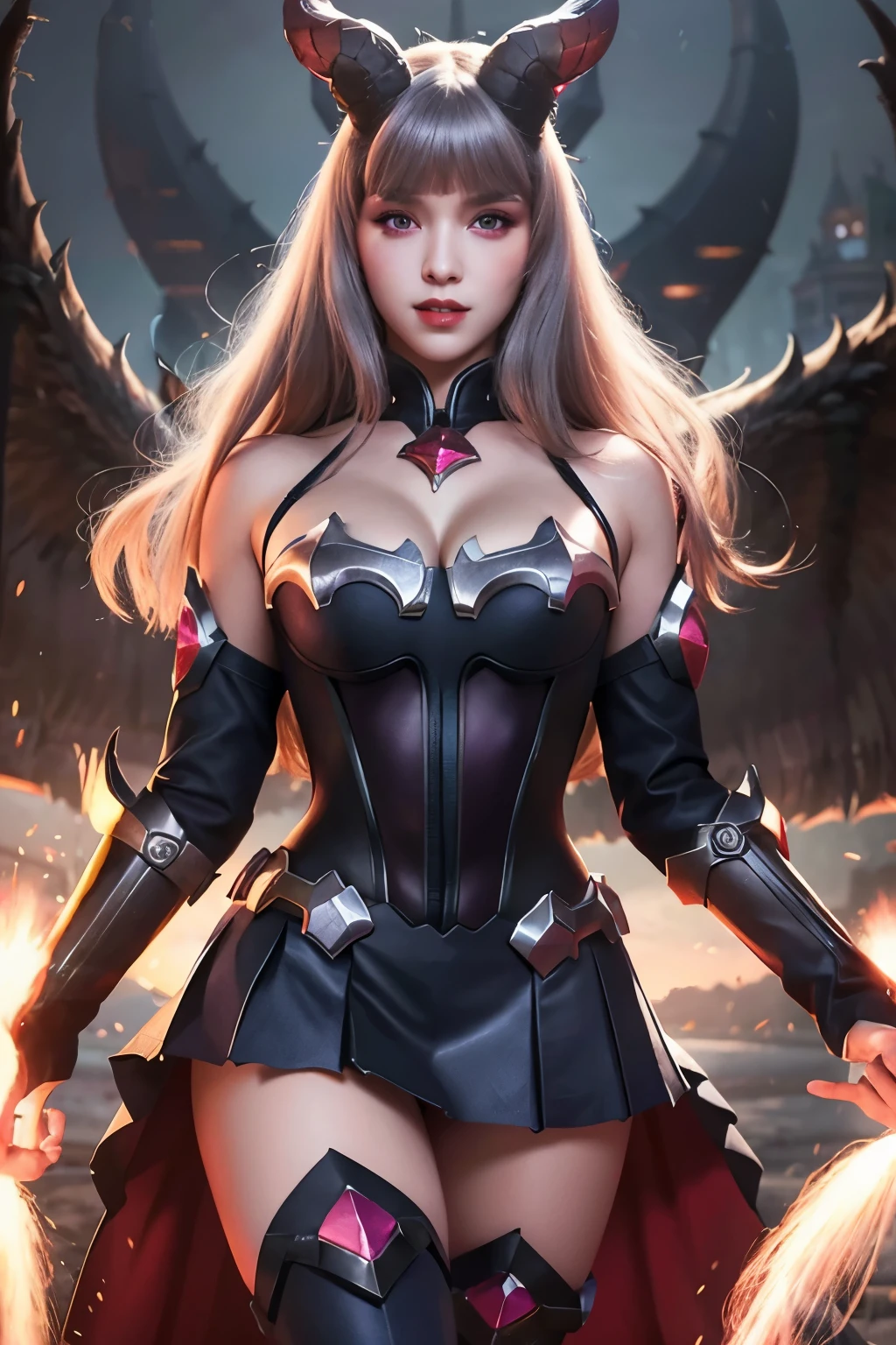 (best quality,highres,masterpiece:1.2),ultra-detailed,realistic, Mobile Legends Alice, detailed background, blunt bangs, thigh highs, vibrant colors, soft lighting