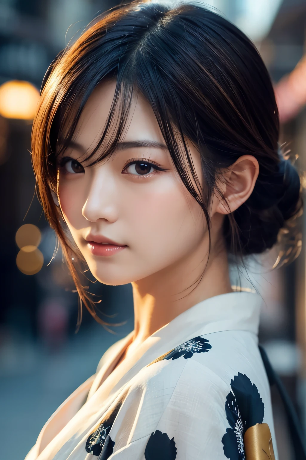 Beautiful Japanese supermodel woman, A lock of hair with slight highlights, black eyes, Sexy,street background,Gorgeous kimono , Liquid color flows across her face, Shooting against the light,Perfect facial lighting,mixed media