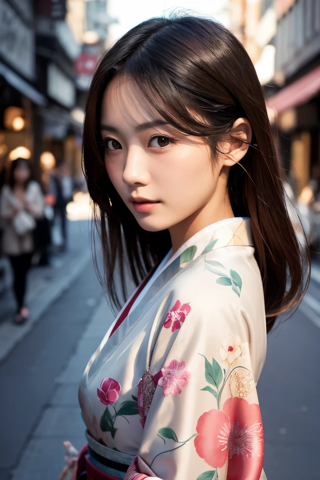 Beautiful Japanese supermodel woman, A lock of hair with slight highlights, black eyes, Sexy，street background，Gorgeous kimono , Liquid color flows across her face, Shooting against the light，Perfect facial lighting，mixed media