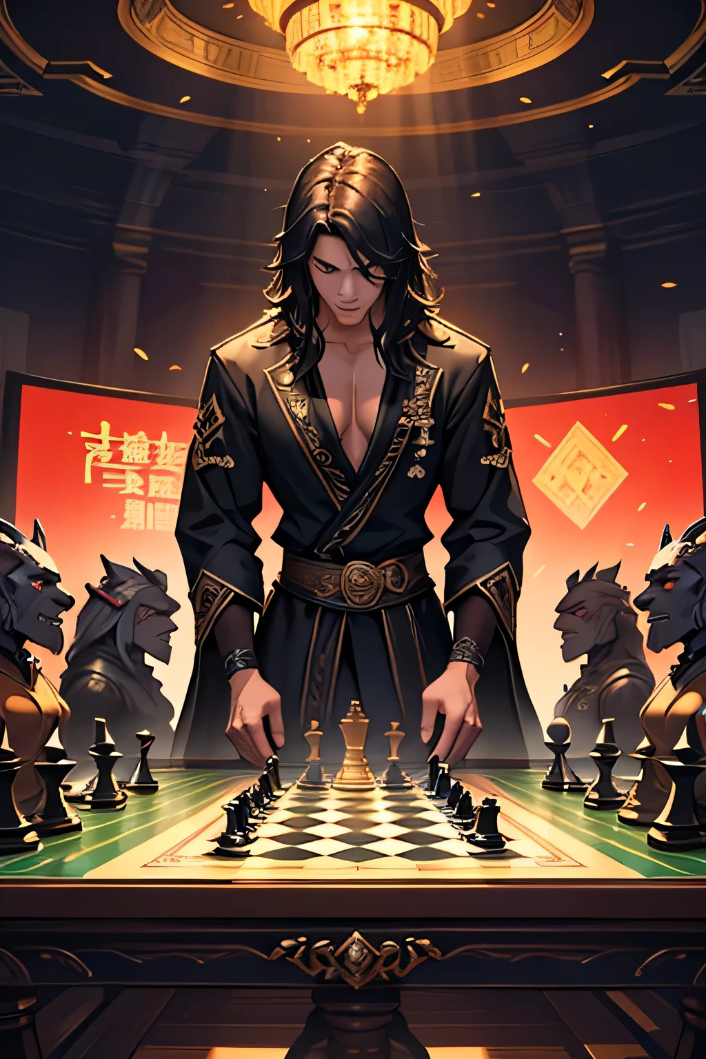 Place a chessboard in the center of the screen，Chess board covered with playing cards。There is one person standing on each side of the screen，The character model adopts《warcraft》style。