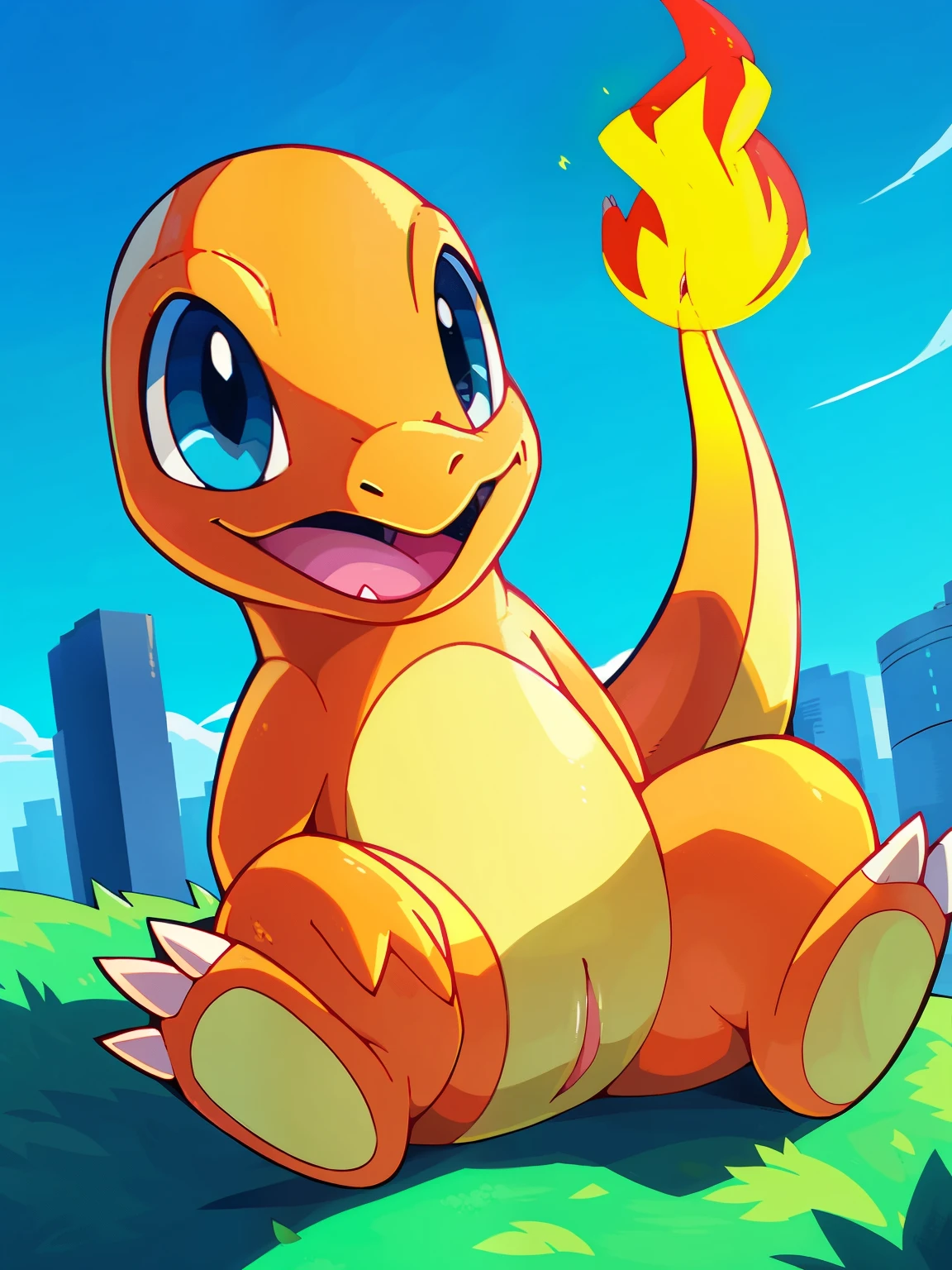 Solo, feral, outdoors, town, anatomically correct, (charmander \(pokemon\), genital slit), by blitzdrachin, by plattyneko, by hioshiru, flat colors, best quality, 2k, 4k, uploaded to e621