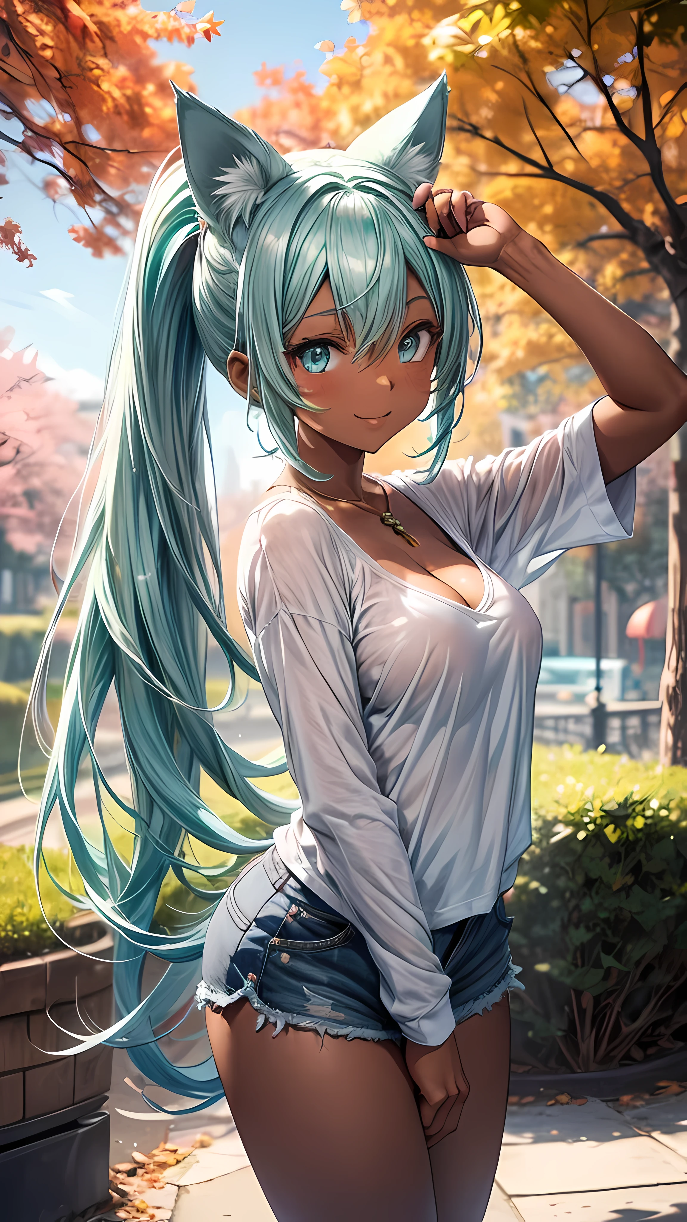 POV: Looking down at face and breasts, 1 female, dark skinned cat girl, (((dark skin))), (((mint colored cat ears))), ((appearance: subtle jewelry, silver hair clip, radiant aqua colored eyes,)), ((hair: long mint green hair, ponytail, side bangs, mint green hair, mint green cat ears, white ribbon,)), ((body: tall, slender figure, large breasts, hard nipples, wide hips,)), ((clothing: tight-fitting clothes, revealing top, white shirt, cleavage, short shorts,)), ((pose: standing, arms behind back, bending forward, smiling, happy,)), ((scene: in a park, beautiful autumn colors,)),
high quality,best quality, 8k_wallpaper,extremely detailed eyes, (large masterpiece digital art), (detailed manga illustration), (detailed line art), ((perfect)) anatomy, best hands)), (intricate details:1.3), (ultra-detailed:1.3), (illustration:1.3), (sharp focus:1.3), (natural lighting:1.05), (vivid colors:1.3),