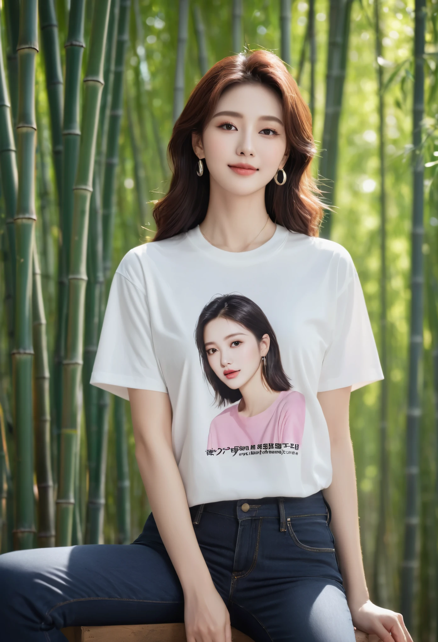 (Canon RF85mm f/1.2,best quality,Realisticity:1.4,Cinematic Lighting),(1 girl,korean mixed,kpop idol:1.2,beautiful long_Slender_legs),(long_brown_wavy_hair),(pink_shiny_lips,pink_eyeshadow,eyelashes,powder_blusher,make-up),(white_shiny_skin,black eyes,Pore,skin texture,shiny),(necklace,earrings),big breasts,smile,Dynamic pose,
((T-Shirt Design: Feminist Empowerment, Description: A t-shirt with a strong feminist message and empowering artwork, encouraging gender equality and female empowerment. This design combines fashion and activism, making a bold statement)),((At dusk in the bamboo forest, Sunlight filters through the leaves, casting a warm glow on her figure. Birds in the bamboo forest begin to return to their nests, adding a sense of natural harmony to this bamboo forest)),