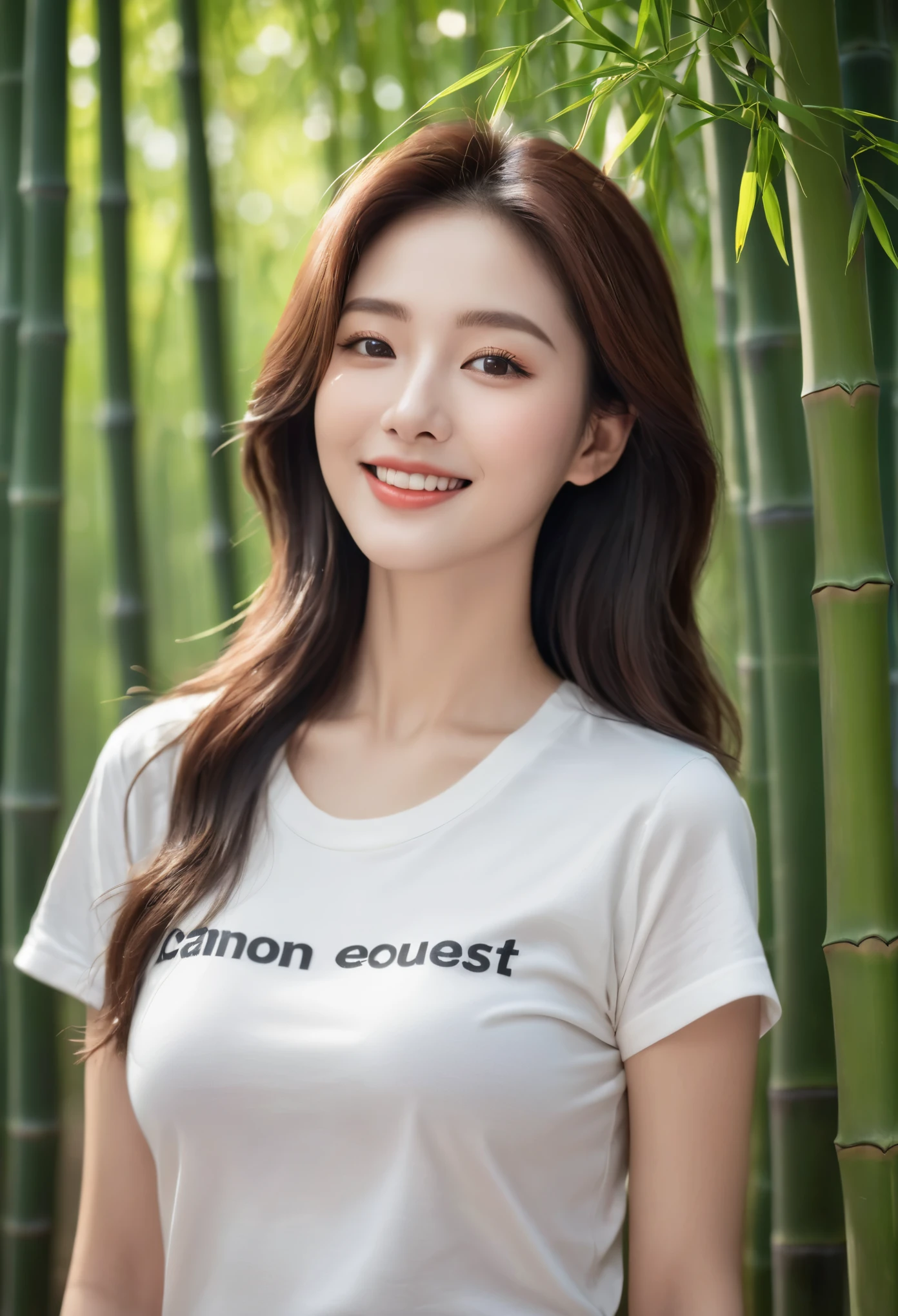 (Canon RF85mm f/1.2,best quality,Realisticity:1.4,Cinematic Lighting),(1 girl,korean mixed,kpop idol:1.2,beautiful long_Slender_legs),(long_brown_wavy_hair),(pink_shiny_lips,pink_eyeshadow,eyelashes,powder_blusher,make-up),(white_shiny_skin,black eyes,Pore,skin texture,shiny),(necklace,earrings),big breasts,smile,Dynamic pose,
((T-Shirt Design: Feminist Empowerment, Description: A t-shirt with a strong feminist message and empowering artwork, encouraging gender equality and female empowerment. This design combines fashion and activism, making a bold statement)),((At dusk in the bamboo forest, Sunlight filters through the leaves, casting a warm glow on her figure. Birds in the bamboo forest begin to return to their nests, adding a sense of natural harmony to this bamboo forest)),