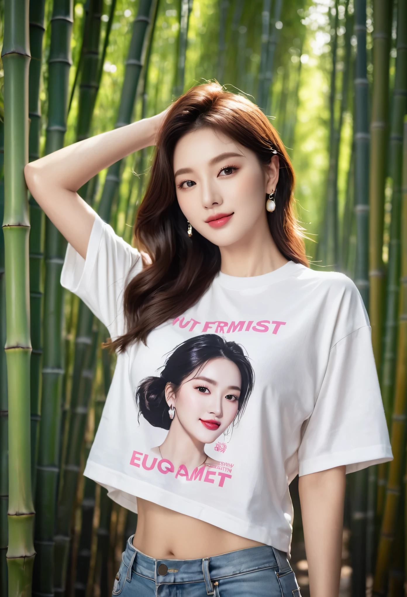 (Canon RF85mm f/1.2,best quality,Realisticity:1.4,Cinematic Lighting),(1 girl,korean mixed,kpop idol:1.2,beautiful long_Slender_legs),(long_brown_wavy_hair),(pink_shiny_lips,pink_eyeshadow,eyelashes,powder_blusher,make-up),(white_shiny_skin,black eyes,Pore,skin texture,shiny),(necklace,earrings),big breasts,smile,Dynamic pose,
((T-Shirt Design: Feminist Empowerment, Description: A t-shirt with a strong feminist message and empowering artwork, encouraging gender equality and female empowerment. This design combines fashion and activism, making a bold statement)),((At dusk in the bamboo forest, Sunlight filters through the leaves, casting a warm glow on her figure. Birds in the bamboo forest begin to return to their nests, adding a sense of natural harmony to this bamboo forest)),
