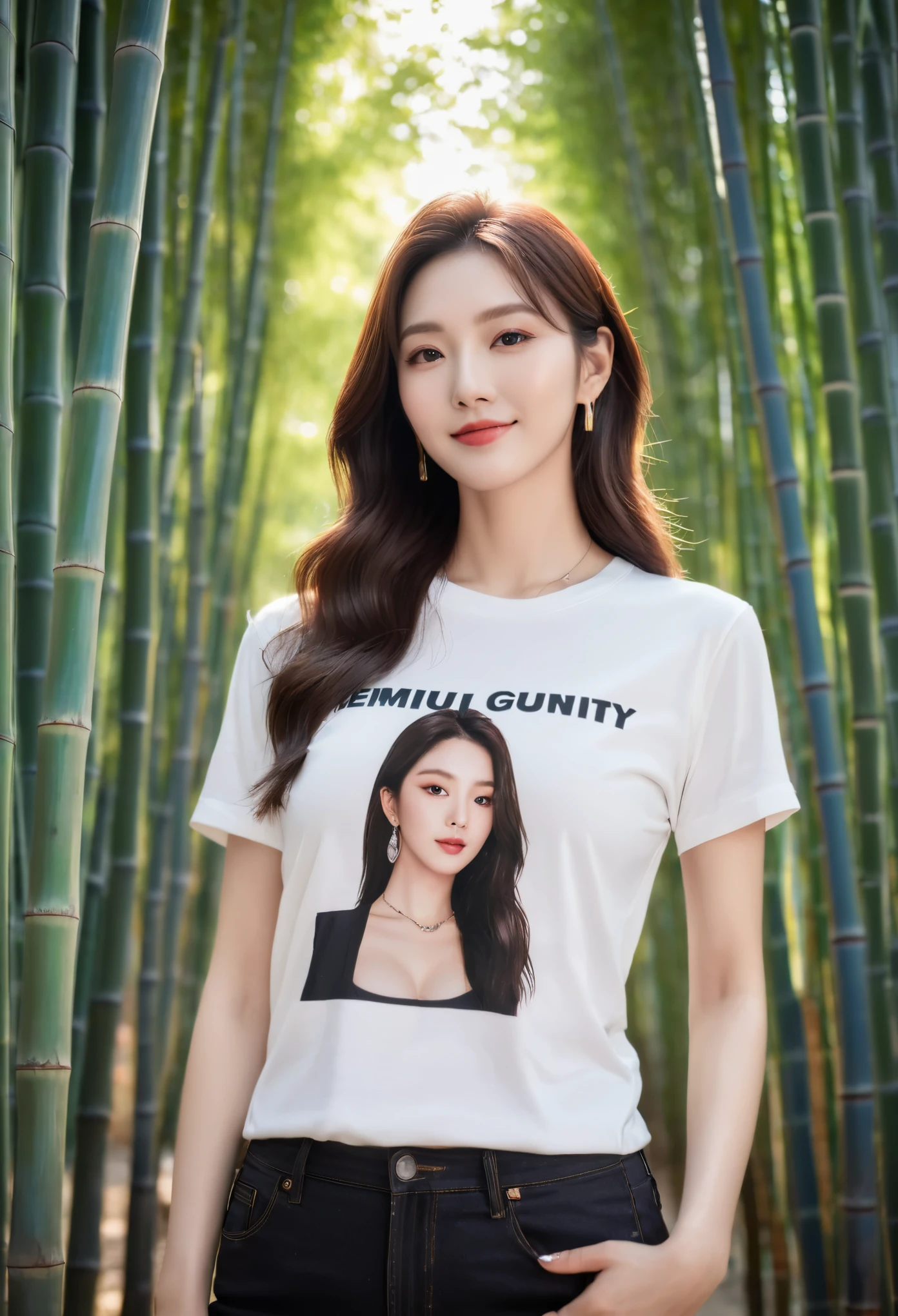 (Canon RF85mm f/1.2,best quality,Realisticity:1.4,Cinematic Lighting),(1 girl,korean mixed,kpop idol:1.2,beautiful long_Slender_legs),(long_brown_wavy_hair),(pink_shiny_lips,pink_eyeshadow,eyelashes,powder_blusher,make-up),(white_shiny_skin,black eyes,Pore,skin texture,shiny),(necklace,earrings),big breasts,smile,Dynamic pose,
((T-Shirt Design: Feminist Empowerment, Description: A t-shirt with a strong feminist message and empowering artwork, encouraging gender equality and female empowerment. This design combines fashion and activism, making a bold statement)),((At dusk in the bamboo forest, Sunlight filters through the leaves, casting a warm glow on her figure. Birds in the bamboo forest begin to return to their nests, adding a sense of natural harmony to this bamboo forest)),