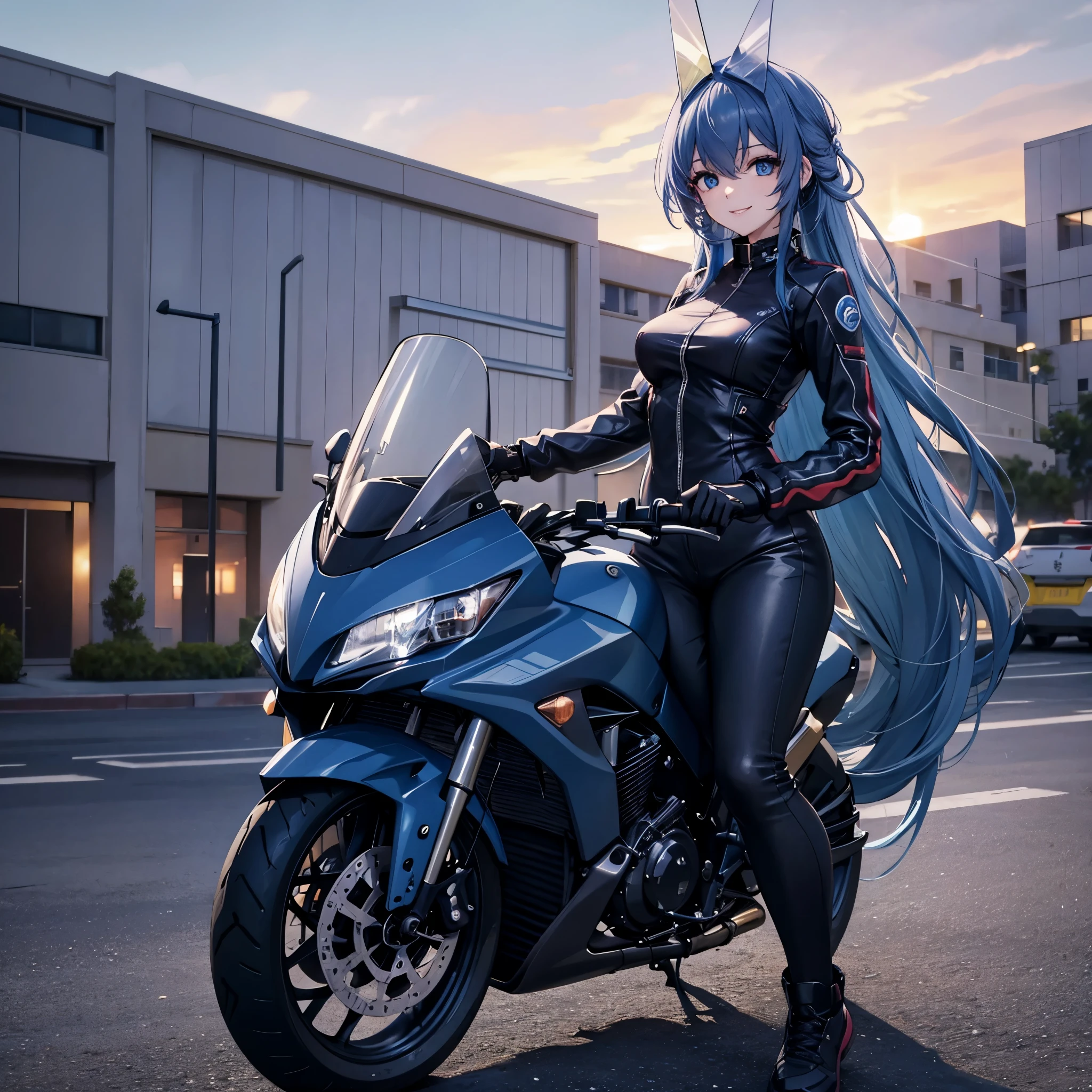 a woman in casual clothes, leaning on a motorbike, in a car parking lot, background building, sunset, long blue hair, blue eyes, smiling, high quality, ultra resolution, very detailed, 4k hd
