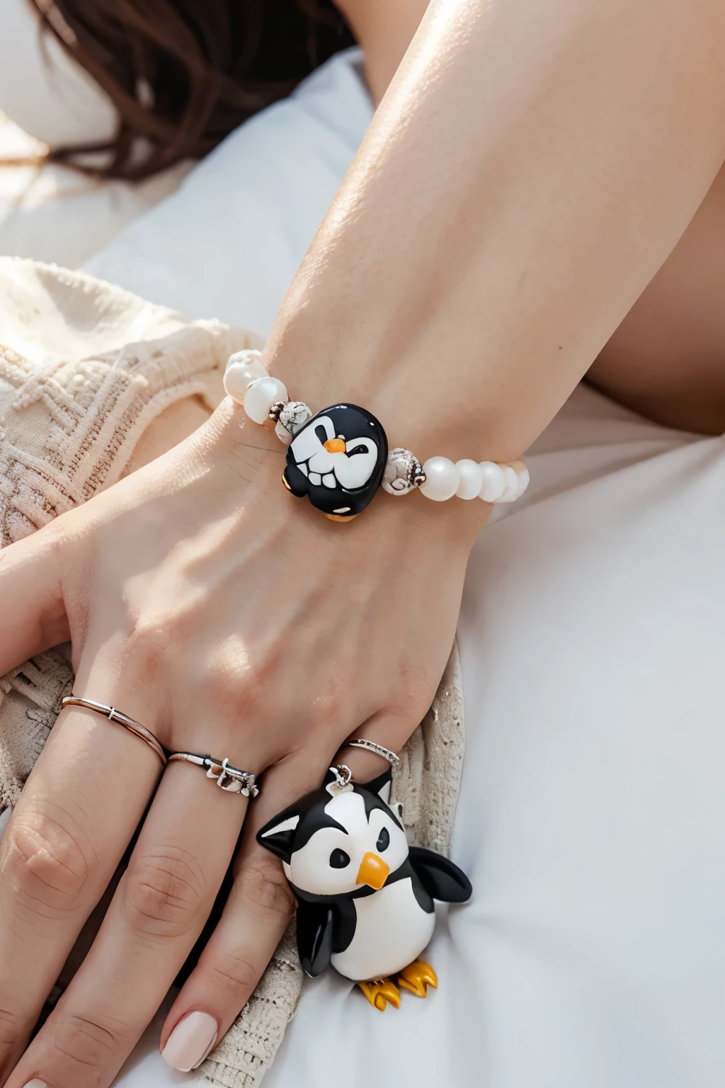 white bead bracelet with penguin and fox pendant
