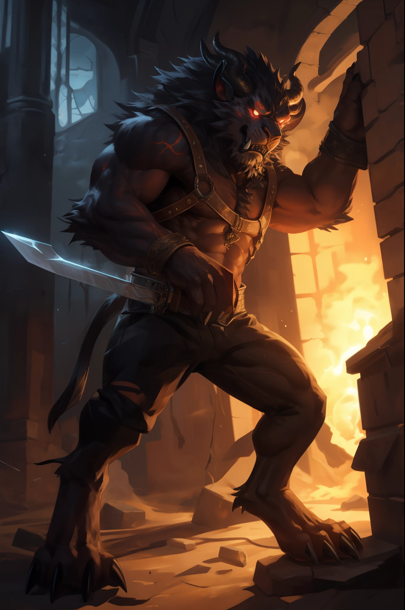 (((Barefoot furry character, full body, cinematic setting, male))) The Beast is back, the Beast In Black The Beast is back, the Beast In Black Tormented and wounded, branded and persecuted Torn inside out yet here I stand Fierce anger, blind madness, invoke the Beast of Darkness No mercy 'cause they all must die Like a hellraiser, monster of rage Unleash the fury through your sword of hate Destroy and murder, retaliate Harness the power of the Beast In Black BREAK, detailed background, 8K, (masterpiece:1.5), intricate details, highly detailed, extreme detail, octane render, fine art, best quality, highres, (detailed face:1.5), ((full_body)), UHD, (((perfect hands)))