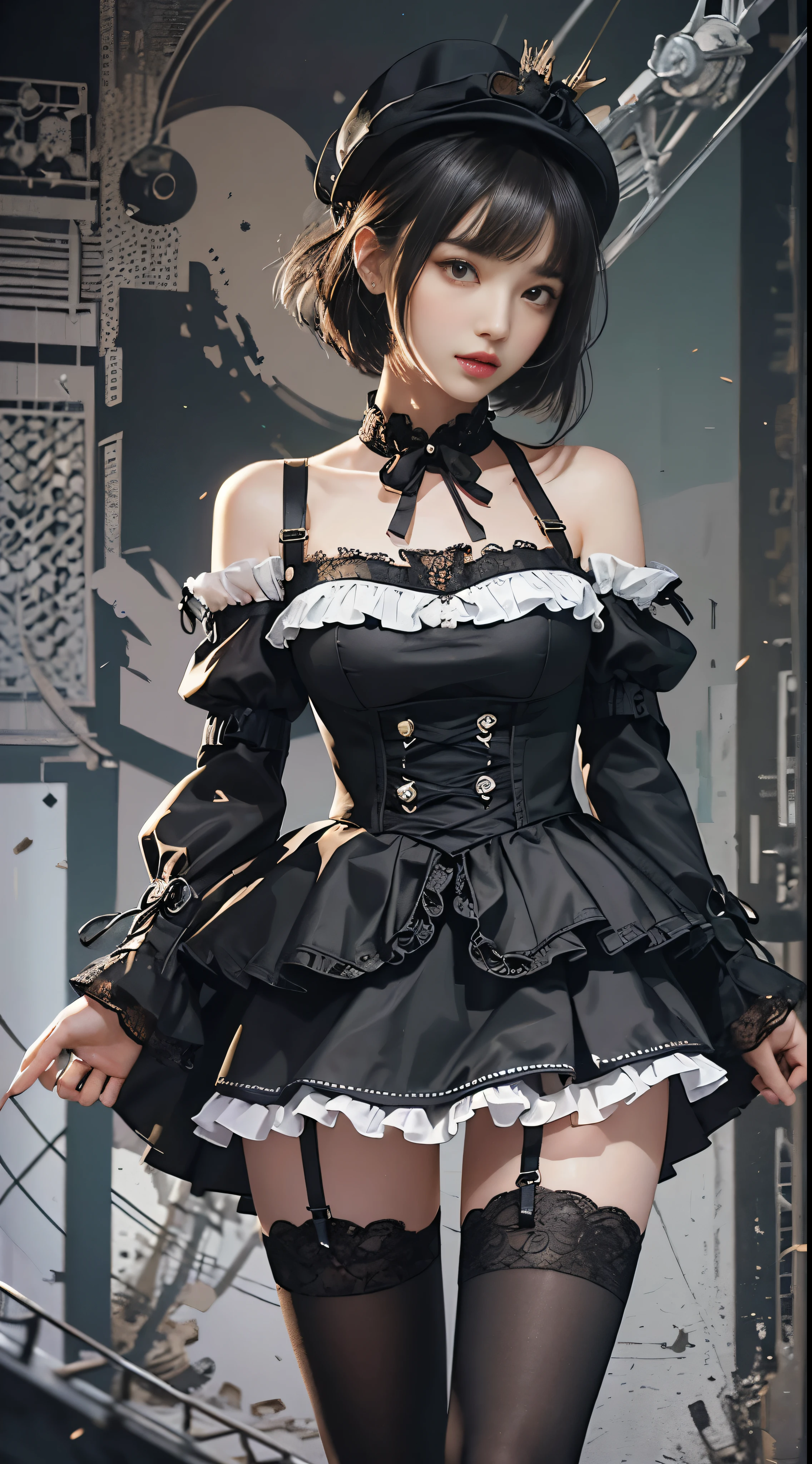 (((masterpiece, highest quality, Super detailed))), 1 female, (((very thin body))) , (((length, thin legs))), (((black short bob, thick fluffy bangs ))), (((highly detailed face))), No cosmetics, small and thin nose, thin mouth with small lips, (((Very sharp focused eyes))), Precise pale gray eyes with large slits, shine like a jewel, length eyelashes, ((Highly decorative intricate mechanical steampunk fashion, Lace Flare Mini Skirt, above the knee lace stockings, Lace Off Shoulder ta Fashion, Overly decorative fashion)), Abandoned Night, Complex mechanized steampunk factory catches fire and explodes, (((Overall accuracy has been dramatically improved, creating a Super detailed and realistic image))), super realistic photos, (((steampunk gun)))