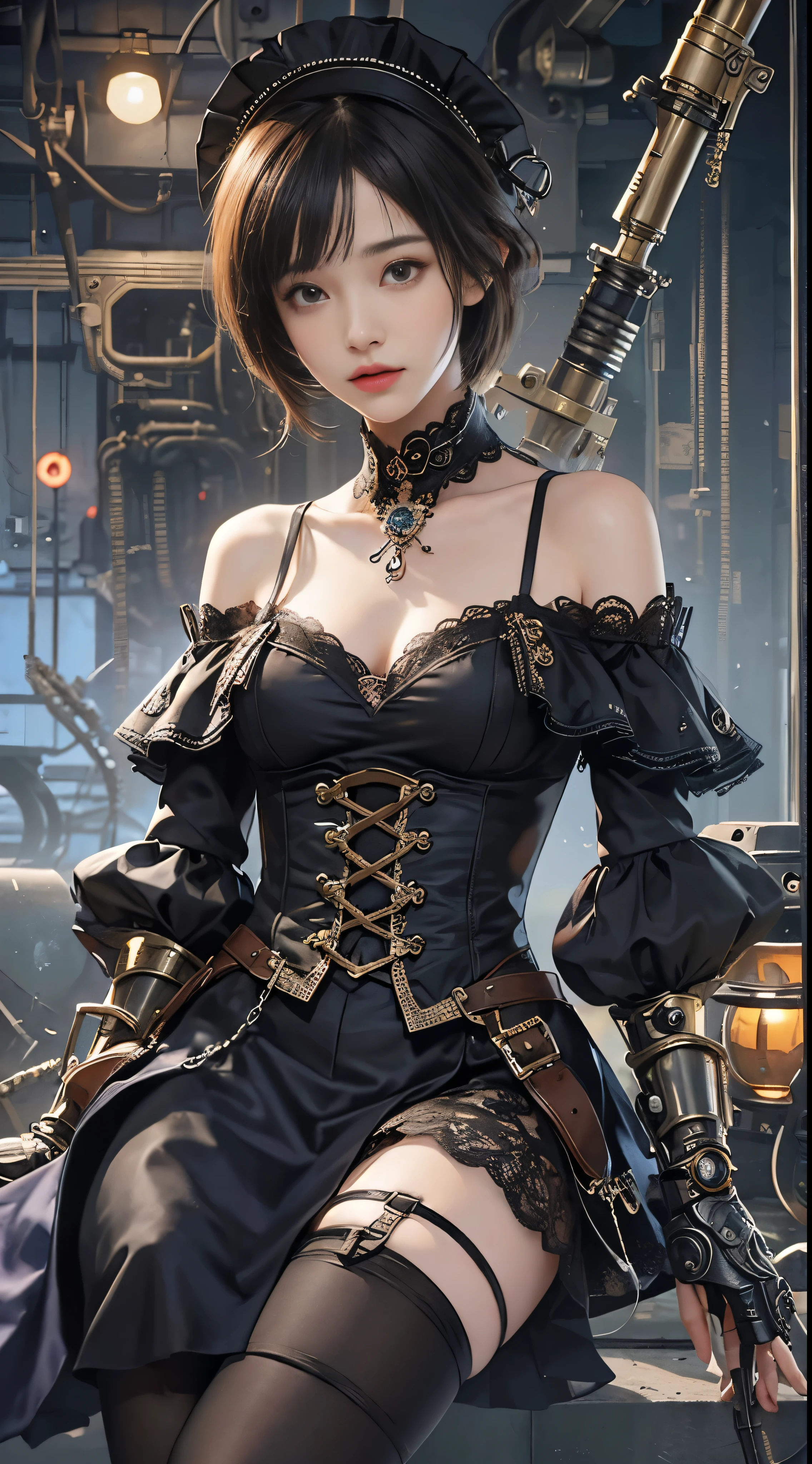 (((masterpiece, highest quality, Super detailed))), 1 female, (((very thin body))) , (((length, thin legs))), (((black short bob, thick fluffy bangs ))), (((highly detailed face))), No cosmetics, small and thin nose, thin mouth with small lips, (((Very sharp focused eyes))), Precise pale gray eyes with large slits, shine like a jewel, length eyelashes, ((Highly decorative intricate mechanical steampunk fashion, Lace Flare Mini Skirt, above the knee lace stockings, Lace Off Shoulder Lolita Fashion, Overly decorative fashion)), Abandoned Night, Complex mechanized steampunk factory catches fire and explodes, (((Overall accuracy has been dramatically improved, creating a Super detailed and realistic image))), super realistic photos, (((steampunk gun)))