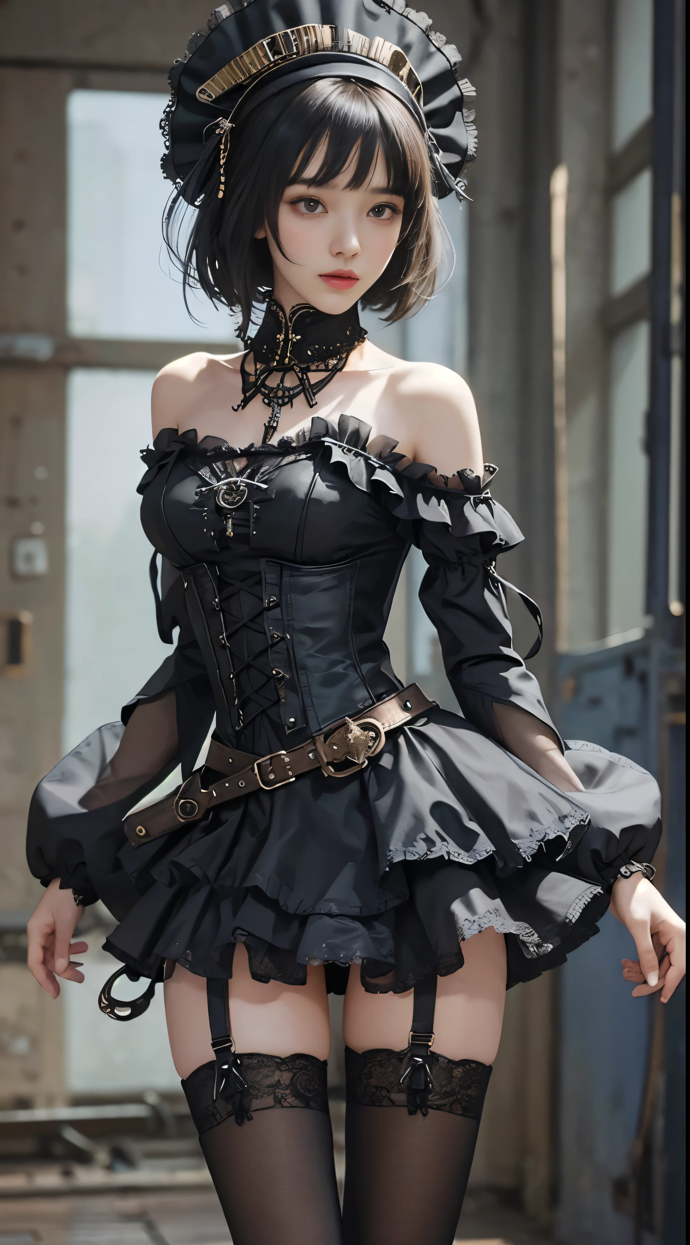 (((masterpiece, highest quality, Super detailed))), 1 female, (((very thin body))) , (((length, thin legs))), (((black short bob, thick fluffy bangs ))), (((highly detailed face))), No cosmetics, small and thin nose, thin mouth with small lips, (((Very sharp focused eyes))), Precise pale gray eyes with large slits, shine like a jewel, length eyelashes, ((Highly decorative intricate mechanical steampunk fashion, Lace Flare Mini Skirt, above the knee lace stockings, Lace Off Shoulder Lolita Fashion, Overly decorative fashion)), Abandoned Night, Complex mechanized steampunk factory catches fire and explodes, (((Overall accuracy has been dramatically improved, creating a Super detailed and realistic image))), super realistic photos, (((steampunk gun)))