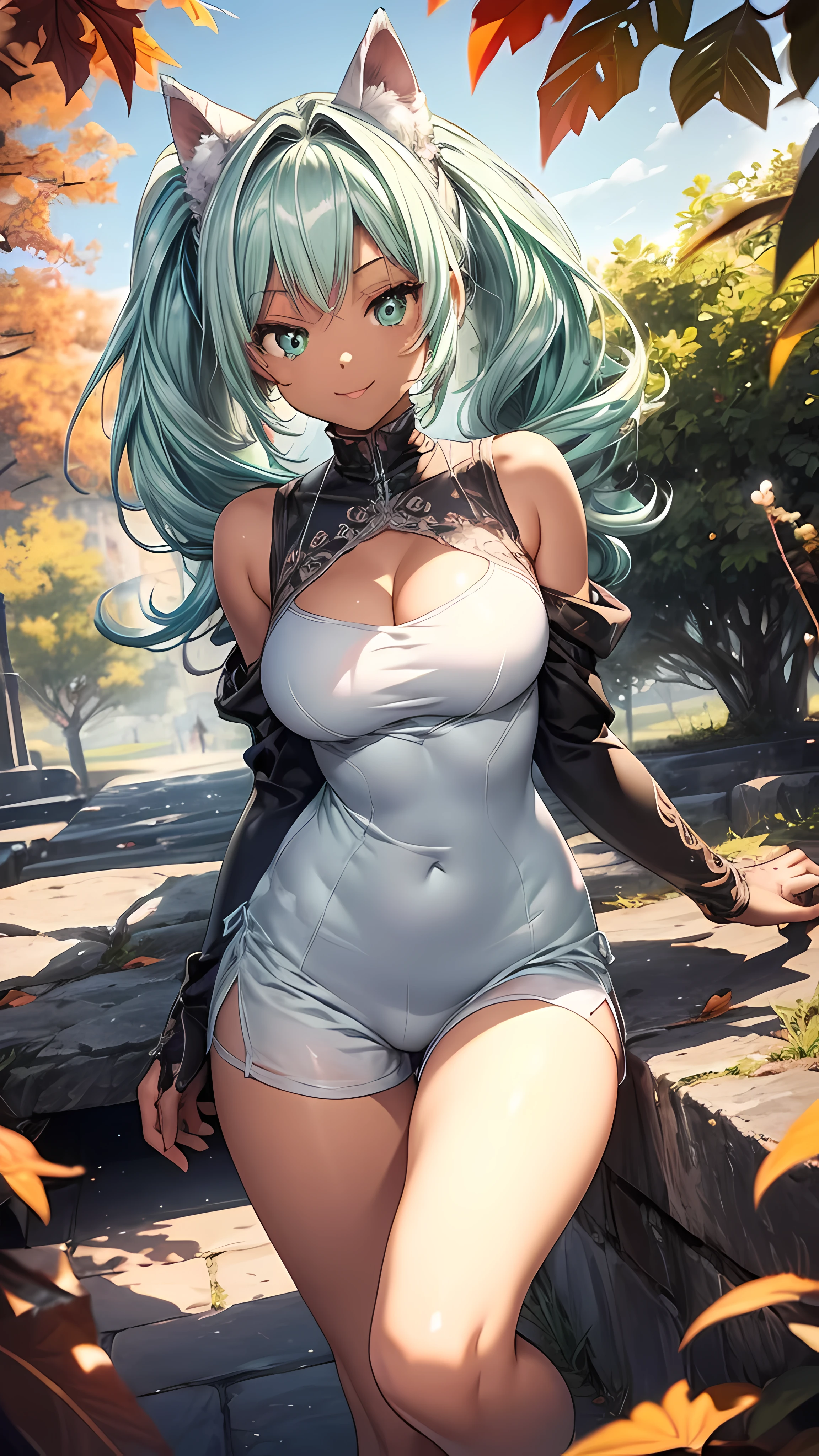 POV: Looking down at face and breasts, 1 female, dark skinned cat girl, (((dark skin))), (((mint colored cat ears))), ((appearance: subtle jewelry, silver hair clip, radiant aqua colored eyes,)), ((hair: long mint green hair, ponytail, side bangs, mint green hair, mint green cat ears, white ribbon,)), ((body: tall, slender figure, large breasts, hard nipples, wide hips,)), ((clothing: tight-fitting clothes, revealing top, white shirt, cleavage, short shorts,)), ((pose: standing, arms behind back, bending forward, smiling, happy,)), ((scene: in a park, beautiful autumn colors,)),
high quality,best quality, 8k_wallpaper,extremely detailed eyes, (large masterpiece digital art), (detailed manga illustration), (detailed line art), ((perfect)) anatomy, best hands)), (intricate details:1.3), (ultra-detailed:1.3), (illustration:1.3), (sharp focus:1.3), (natural lighting:1.05), (vivid colors:1.3),