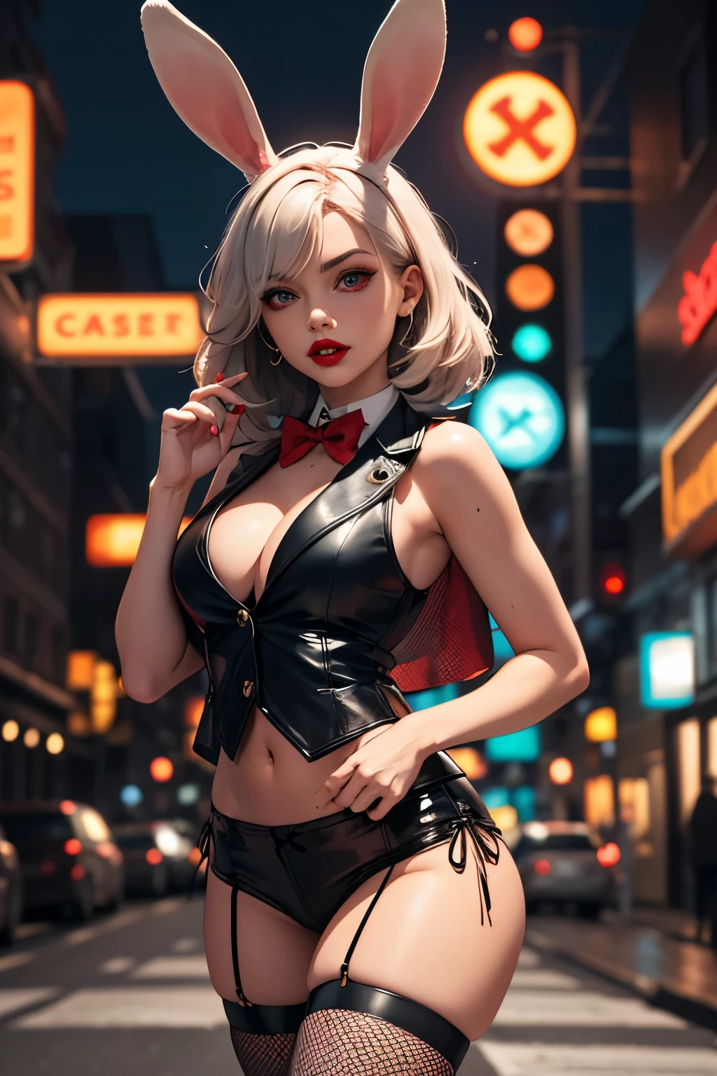 A talented secret society investigator dressed as a bunny girl, on covert action, red bow tie, black leather vest, fishnet stockings required, neon street late at night, eyeshadow and red lipstick, upturned eyes, tense, squiggly. Stare here,