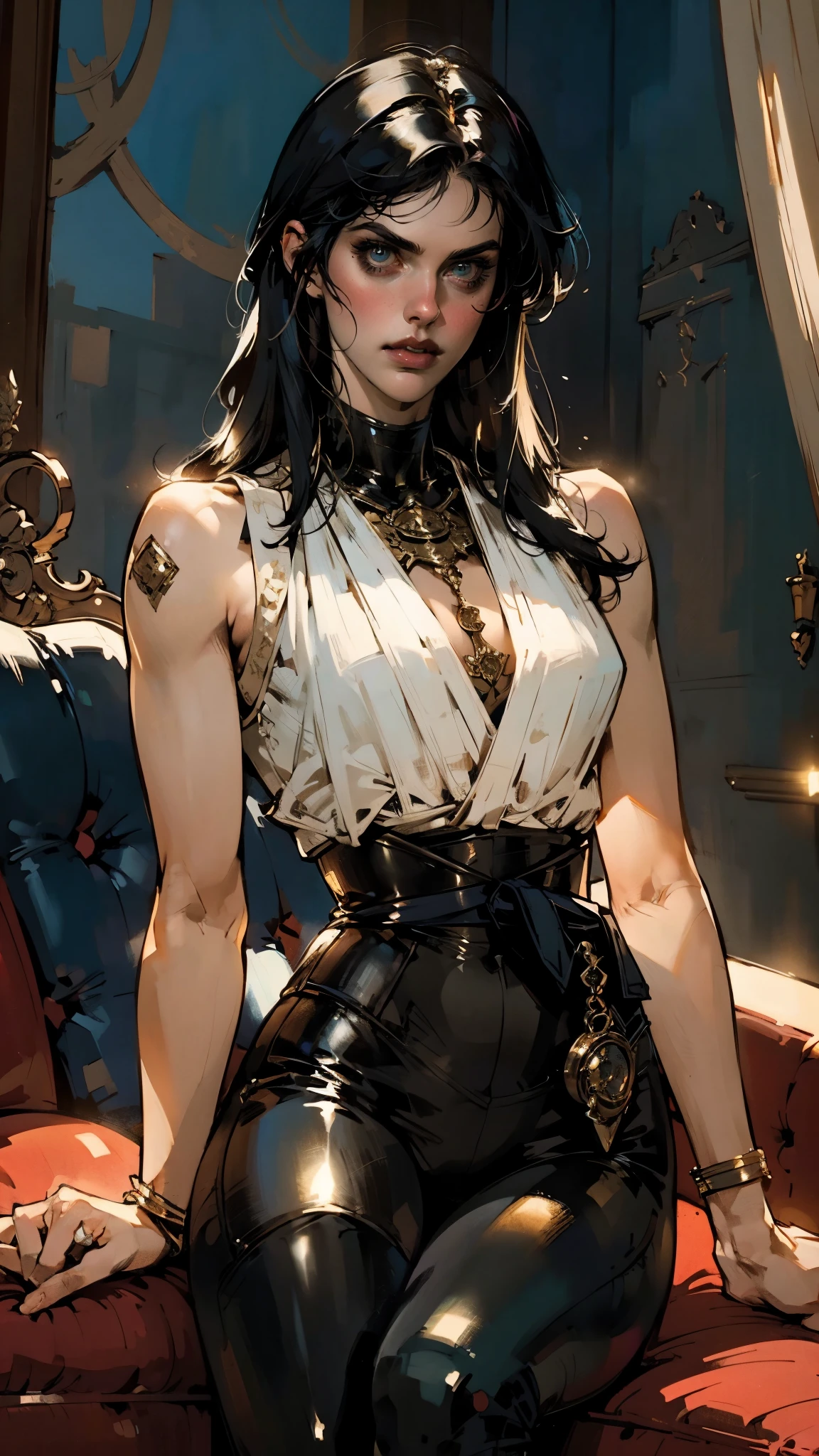 A beautiful woman with long shiny black hair, choppy bangs, a delicate face, a cold proud gaze, a fit figure, a fantasy-style high-necked leather breastplate top, sleeveless, exposes her waist, a bracelet adorns her wrist, tight-fitting leather pants, her right hand holds a Katana with a blue scabbard, she lounges casually sitting on a sofa, this character embodies a finely crafted fantasy-style bounty hunter in anime style, exquisite and mature manga art style, (Alexandra Daddario:1.2), high definition, best quality, highres, ultra-detailed, ultra-fine painting, extremely delicate, professional, anatomically correct, symmetrical face, extremely detailed eyes and face, high quality eyes, creativity, RAW photo, UHD, 32k, Natural light, cinematic lighting, masterpiece-anatomy-perfect, masterpiece:1.5