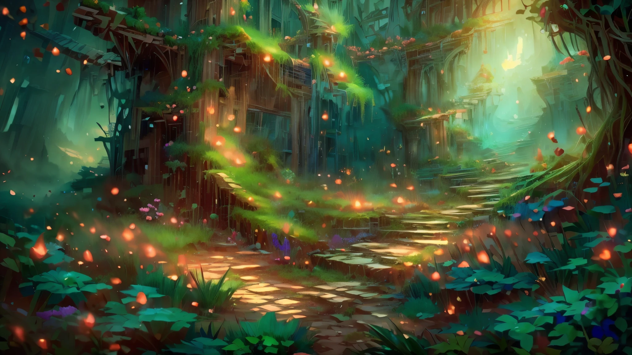 Masterpiece, best quality, 8k, panoramic view, ancient ruins, shadows of gnome houses and decaying paintings, witnesses of once great wealth, colorful flora and fauna, ethereal atmosphere, ethereal light, whispering trees, magical whispers, harmony of nature, ethereal magic,