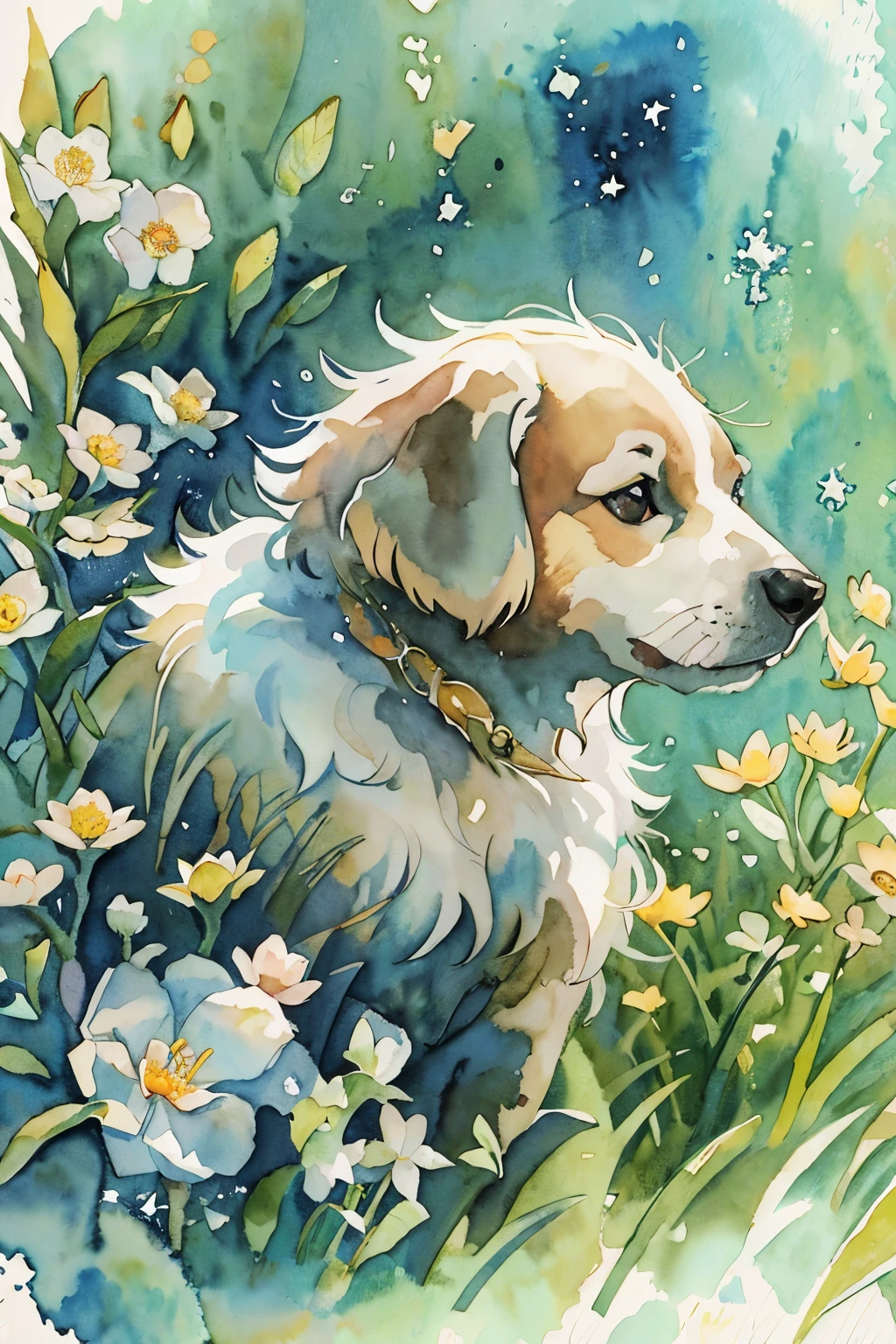 (high resolution, best quality:1.2), radiation, soft silhouette, beautiful drawing, Upper body, concept art, Detailed background, bright colors,
(8K, best quality, masterpiece:1.2),(best quality:1.0), (ultra high resolution:1.0), watercolor,  A cute puppy on the grass surrounded by beautiful flowers,    by Agnes Cecil, bust, Extremely luminous and bright design, pastel colors, (ink:1.3), winter lights, traditional media, watercolor \(Moderate\), watercolor background