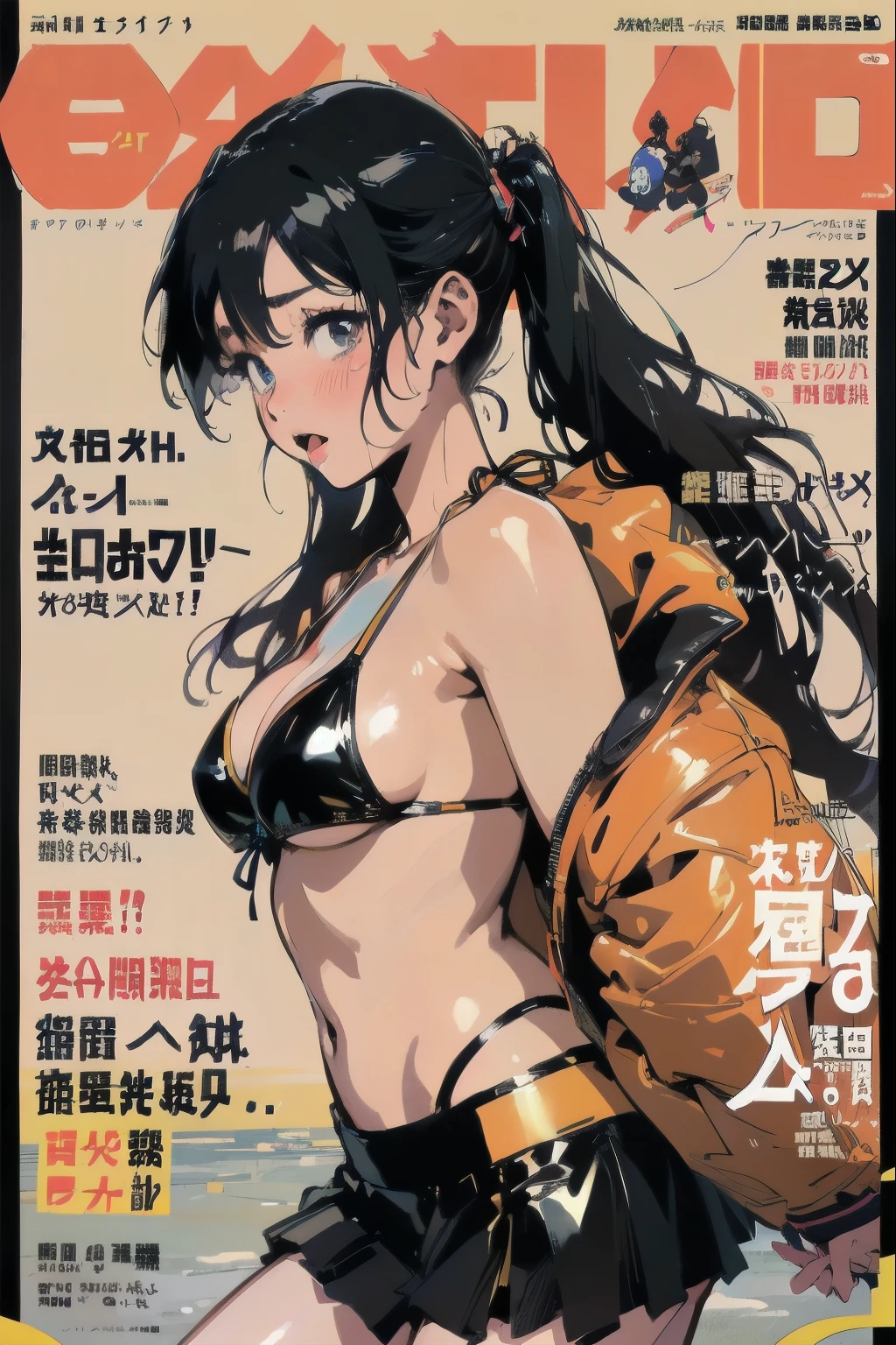 beautiful anime-style girl, ,clean small surfaces,  cyberpunk, bikini-armor、 (magazine cover:1.8)、((From the side:1.2))、(have an umbrella＋rain、look at the sky)、(dynamic pose:1.1), Cute 1 girl, highest quality、ウルトラ - High resolution、High resolution、Highly detailed CG、8k unit wallpaper、17 years old、detailed and beautiful eyes, pigtails、(((colorful super shiny latex bikini)))、((( black skin, open chest shirt, Latex Super Mini Skirt, tech sneakers, cleavage ,)))、(shiny body,:1.5)、blush, Sweat,please be shy、(Ahegao:1.5)、(stick out your tongue)、red blush、please be shy、(Ahegao:1.5)、full of embarrassment、turned up skirt