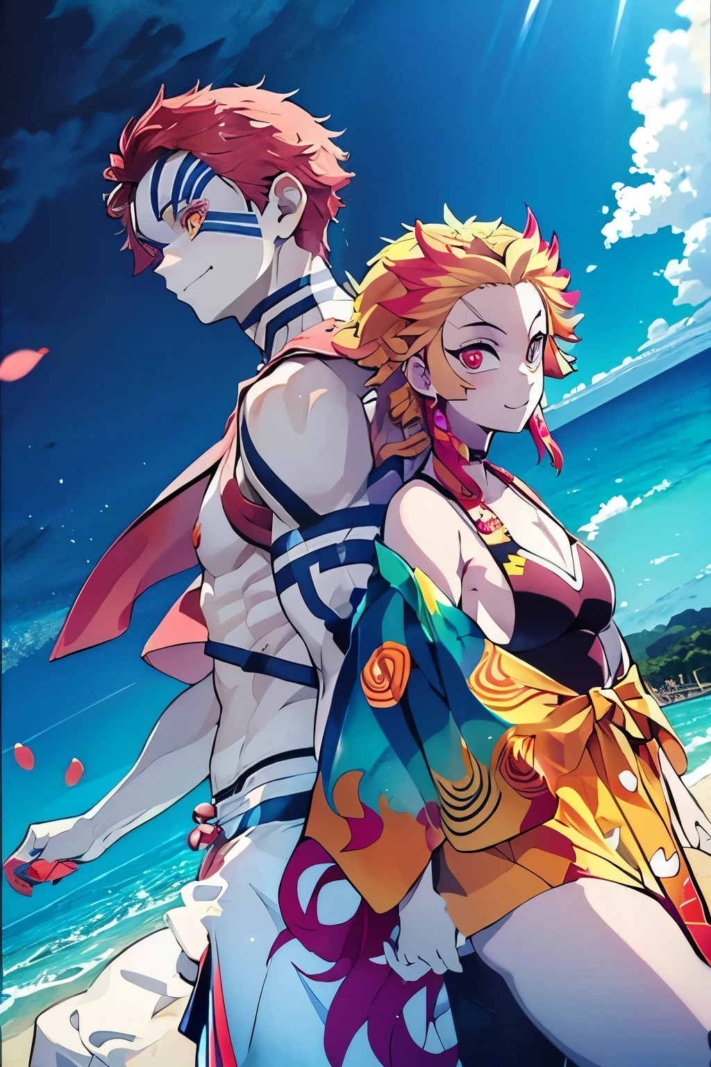 1boy1girl, rengoku kyoujurou, swimsuit, aesthetic, beach setting, low angle, looking at viewer, smiling, aesthetic, masterpiece, best quality, blurred background, highly detailed face, highly detailed eyes, vibrant colors,