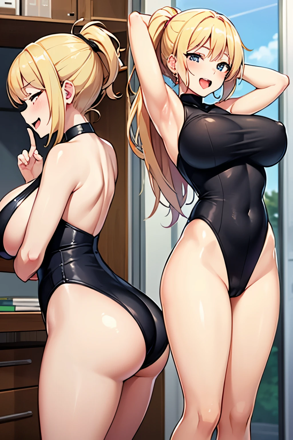 High school girl whose back is tickled by an old man,1 girl,big breasts, smile, laughter, Are standing, armpit, grab, tickle, Research room,saliva,please open your mouth wide,blonde ponytail,black leotard,girl tickled by fingers,