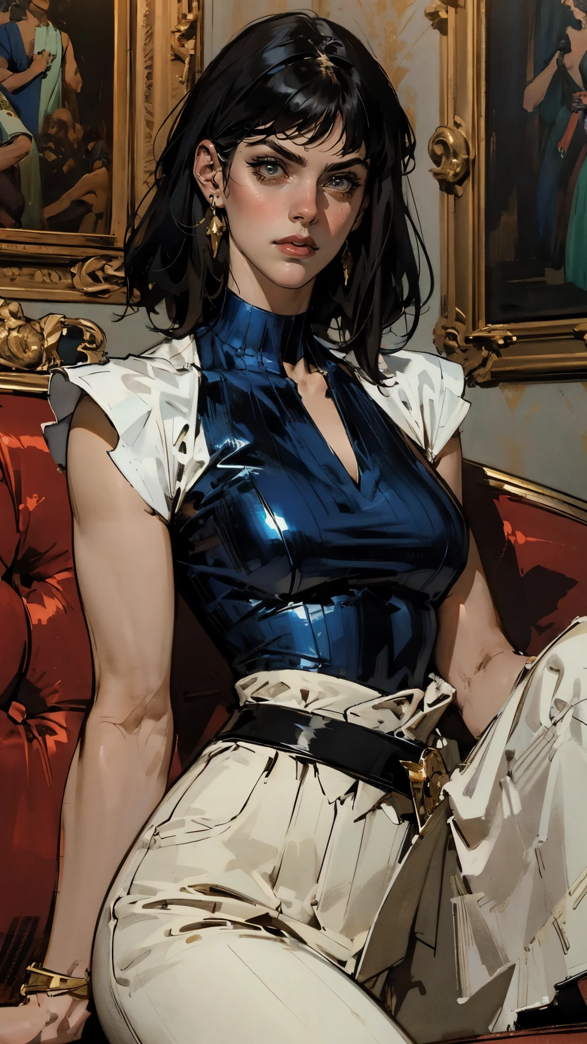 A beautiful woman with long shiny black hair, choppy bangs, a delicate face, a cold proud gaze, a fit figure, a fantasy-style high-necked leather breastplate top, sleeveless, exposes her waist, a bracelet adorns her wrist, tight-fitting leather pants, her right hand holds a Katana with a blue scabbard, she lounges casually sitting on a sofa, this character embodies a finely crafted fantasy-style bounty hunter in anime style, exquisite and mature manga art style, (Alexandra Daddario:1.2), high definition, best quality, highres, ultra-detailed, ultra-fine painting, extremely delicate, professional, anatomically correct, symmetrical face, extremely detailed eyes and face, high quality eyes, creativity, RAW photo, UHD, 32k, Natural light, cinematic lighting, masterpiece-anatomy-perfect, masterpiece:1.5