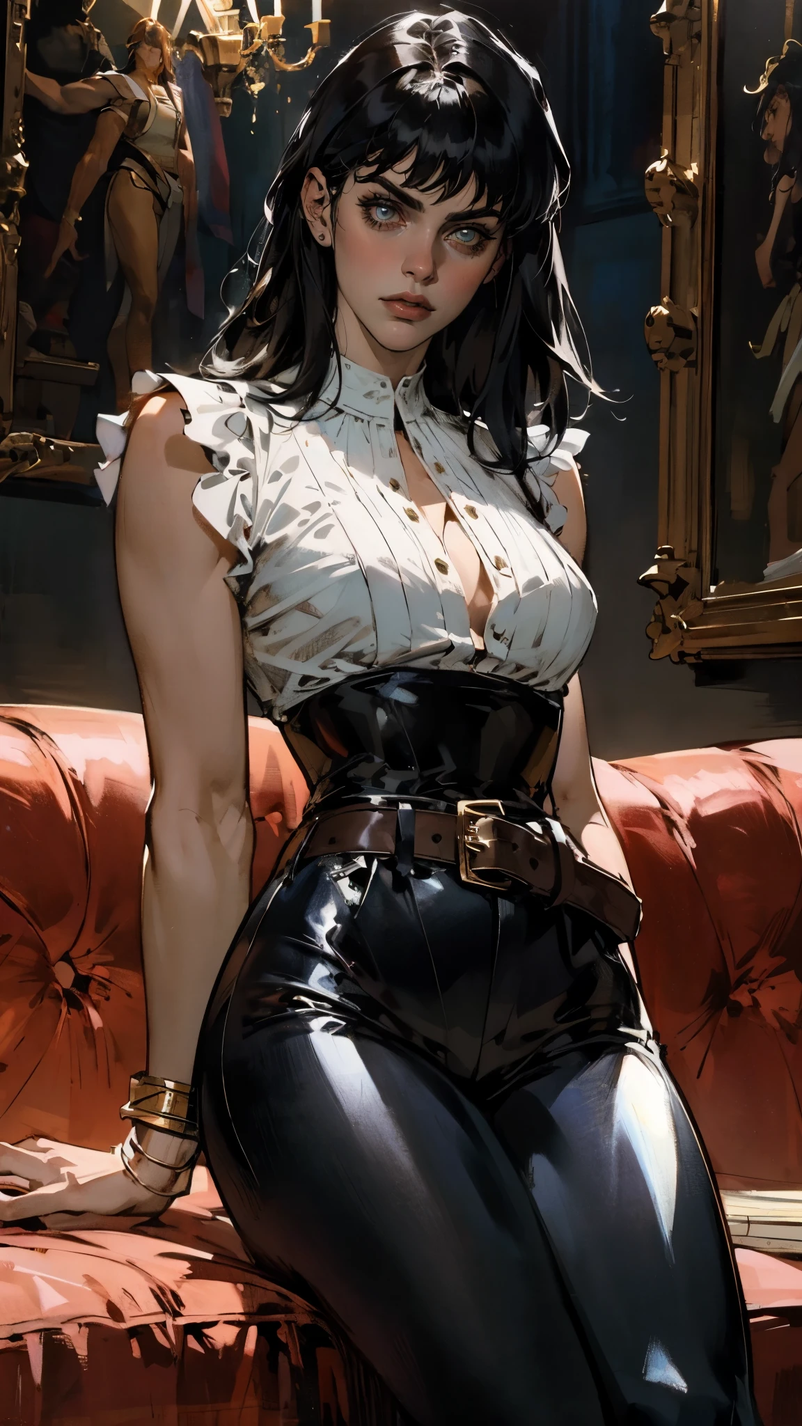 A beautiful woman with long shiny black hair, choppy bangs, a delicate face, a cold proud gaze, a fit figure, a fantasy-style high-necked leather breastplate top, sleeveless, exposes her waist, a bracelet adorns her wrist, tight-fitting leather pants, her right hand holds a Katana with a blue scabbard, she lounges casually sitting on a sofa, this character embodies a finely crafted fantasy-style bounty hunter in anime style, exquisite and mature manga art style, (Alexandra Daddario:1.2), high definition, best quality, highres, ultra-detailed, ultra-fine painting, extremely delicate, professional, anatomically correct, symmetrical face, extremely detailed eyes and face, high quality eyes, creativity, RAW photo, UHD, 32k, Natural light, cinematic lighting, masterpiece-anatomy-perfect, masterpiece:1.5