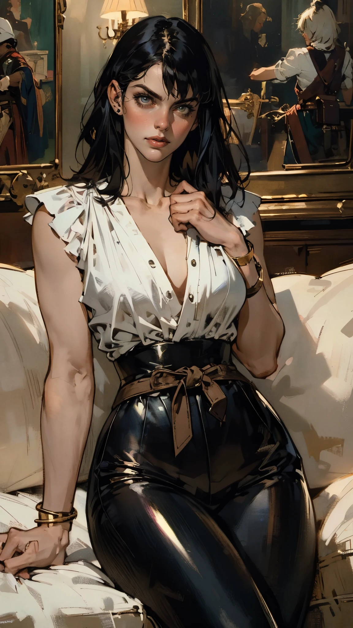 A beautiful woman with long shiny black hair, choppy bangs, a delicate face, a cold proud gaze, a fit figure, a fantasy-style high-necked leather breastplate top, sleeveless, exposes her waist, a bracelet adorns her wrist, tight-fitting leather pants, her right hand holds a Katana with a blue scabbard, she lounges casually sitting on a sofa, this character embodies a finely crafted fantasy-style bounty hunter in anime style, exquisite and mature manga art style, (Alexandra Daddario:1.2), high definition, best quality, highres, ultra-detailed, ultra-fine painting, extremely delicate, professional, anatomically correct, symmetrical face, extremely detailed eyes and face, high quality eyes, creativity, RAW photo, UHD, 32k, Natural light, cinematic lighting, masterpiece-anatomy-perfect, masterpiece:1.5