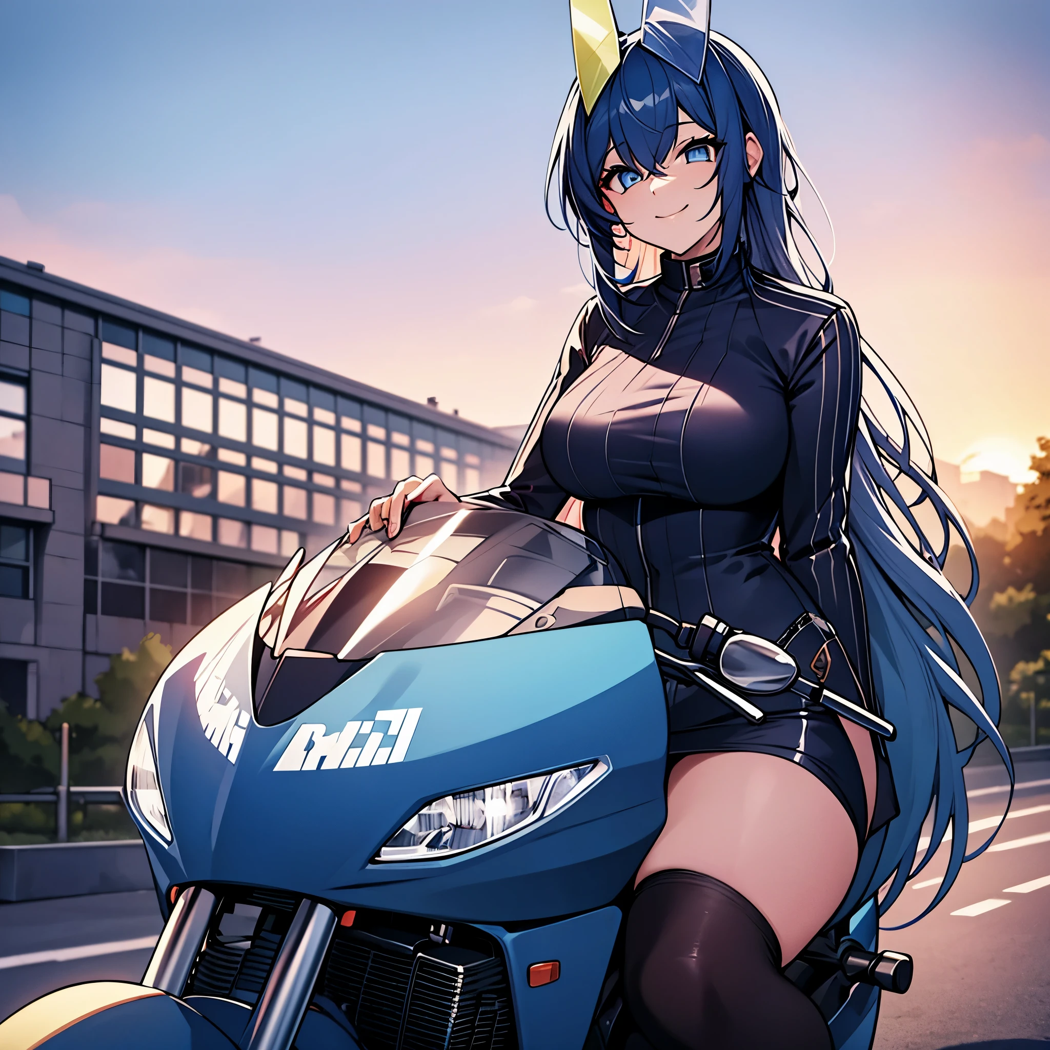 a woman in casual clothes, leaning on a motorbike, in a car parking lot, background building, sunset, long blue hair, blue eyes, smiling, high quality, ultra resolution, very detailed, 4k hd
