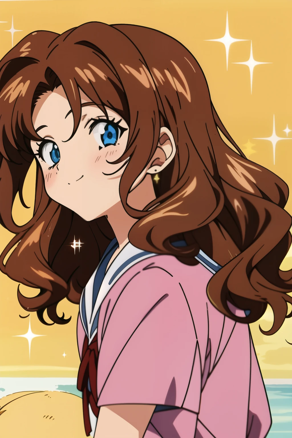 An anime 90's style is a high schooler girl with brunette wavy hair, medium-length hair, no bangs hair, is at the beach, more anime 90's style, aesthetic, happy, more aesthetic of the 90's style anime sparkle