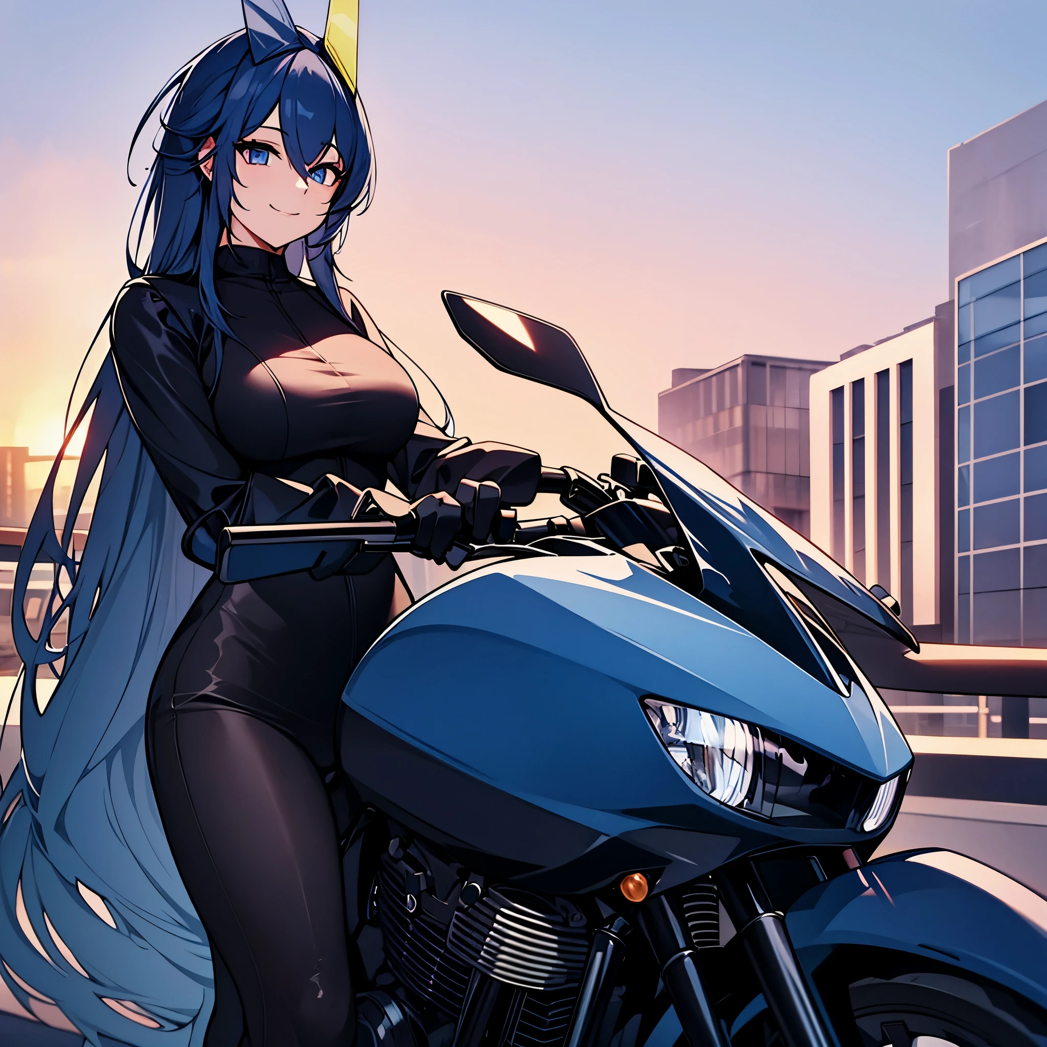 a woman in casual clothes, leaning on a motorbike, in a car parking lot, background building, sunset, long blue hair, blue eyes, smiling, high quality, ultra resolution, very detailed, 4k hd