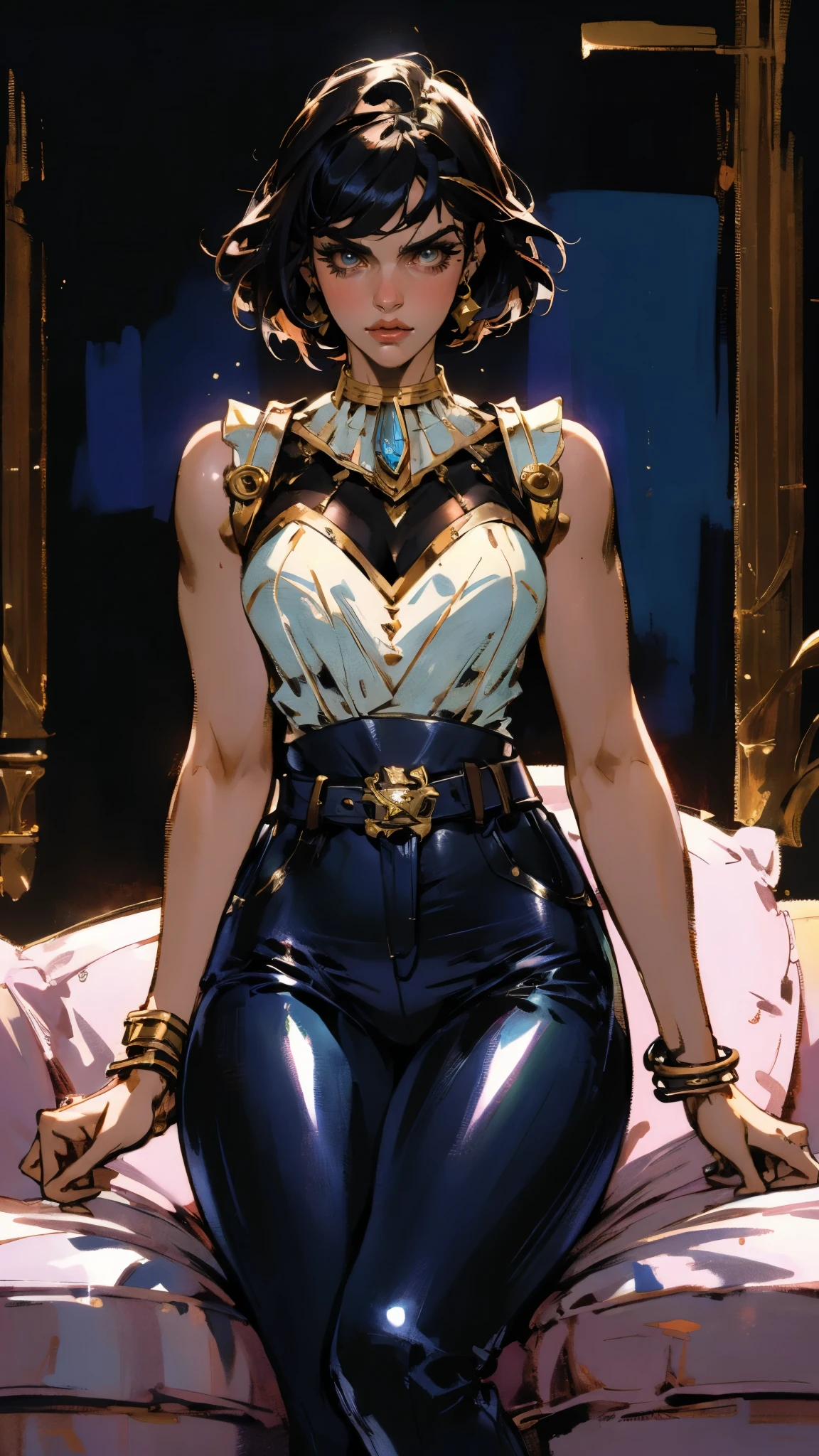A beautiful woman with long shiny black hair, choppy bangs, a delicate face, a cold proud gaze, a fit figure, a fantasy-style high-necked leather breastplate top, sleeveless, exposes her waist, a bracelet adorns her wrist, tight-fitting leather pants, her right hand holds a Katana with a blue scabbard, she lounges casually sitting on a sofa, this character embodies a finely crafted fantasy-style bounty hunter in anime style, exquisite and mature manga art style, (Alexandra Daddario:1.2), high definition, best quality, highres, ultra-detailed, ultra-fine painting, extremely delicate, professional, anatomically correct, symmetrical face, extremely detailed eyes and face, high quality eyes, creativity, RAW photo, UHD, 32k, Natural light, cinematic lighting, masterpiece-anatomy-perfect, masterpiece:1.5