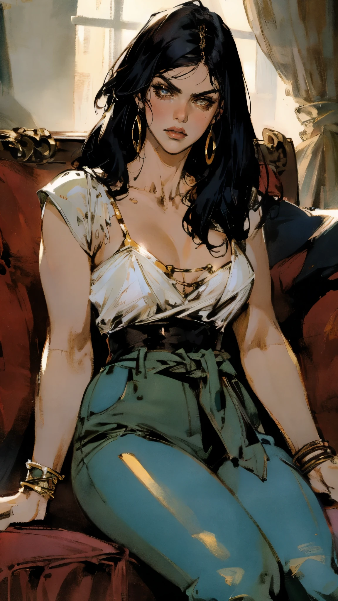 A beautiful woman with long shiny black hair, choppy bangs, a delicate face, a cold proud gaze, a fit figure, a fantasy-style high-necked leather breastplate top, sleeveless, exposes her waist, a bracelet adorns her wrist, tight-fitting leather pants, her right hand holds a Katana with a blue scabbard, she lounges casually sitting on a sofa, this character embodies a finely crafted fantasy-style bounty hunter in anime style, exquisite and mature manga art style, (Alexandra Daddario:1.2), high definition, best quality, highres, ultra-detailed, ultra-fine painting, extremely delicate, professional, anatomically correct, symmetrical face, extremely detailed eyes and face, high quality eyes, creativity, RAW photo, UHD, 32k, Natural light, cinematic lighting, masterpiece-anatomy-perfect, masterpiece:1.5