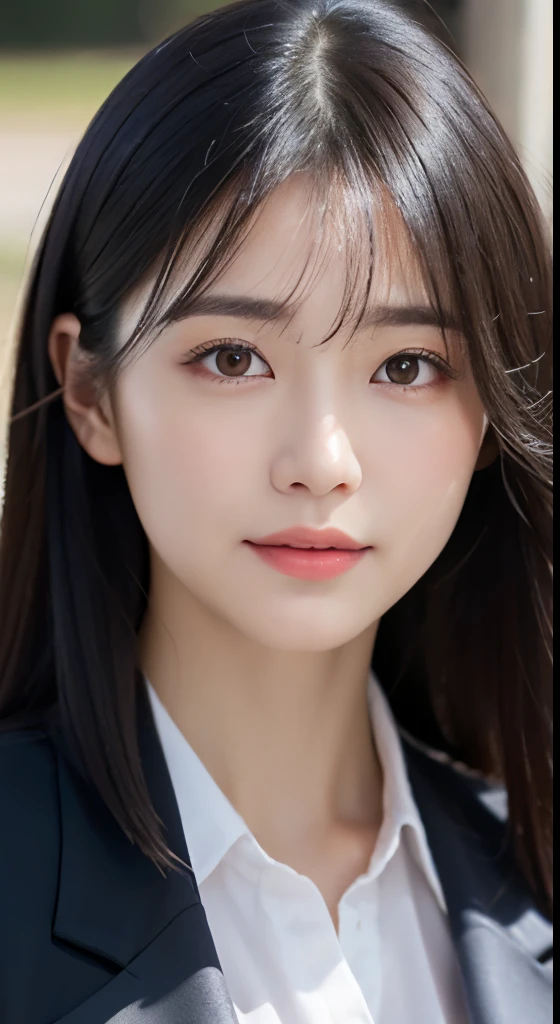 1 adult female, (close up of face:1.5), black hair, dull bangs, hair behind the ear, hair on shoulders, long hair, Extra-fine face, thin face, delicate lips, (beautiful eyes:1.5), light blush, eyes are light brown,watch here, （hide your hands）, formal jacket, choker ,port area ,one person&#39;s perspective,  8K, table top, nffsw, Super detailed, high quality, 最high quality, High resolution,