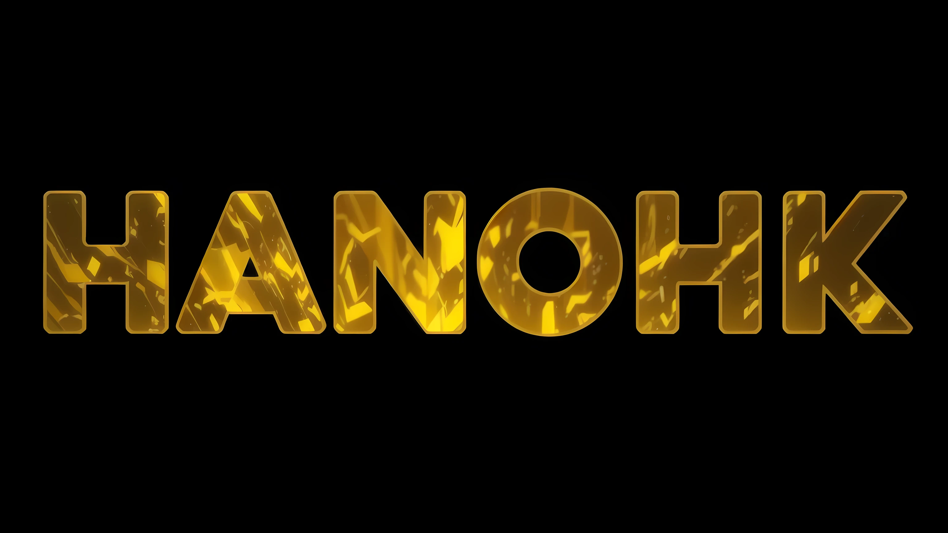 a close-up of golden text that reads hanohk, anorld rendering, banchou, renderizado em Arnold, danbooru, anamorphic, rendered in cinema 4 d, rendered in cinema4d, renderizado em Arnold engine, renderizado em cinema 4 d octanas, flares anamorphic, ankh, nanomachines, panoramic anamorphic