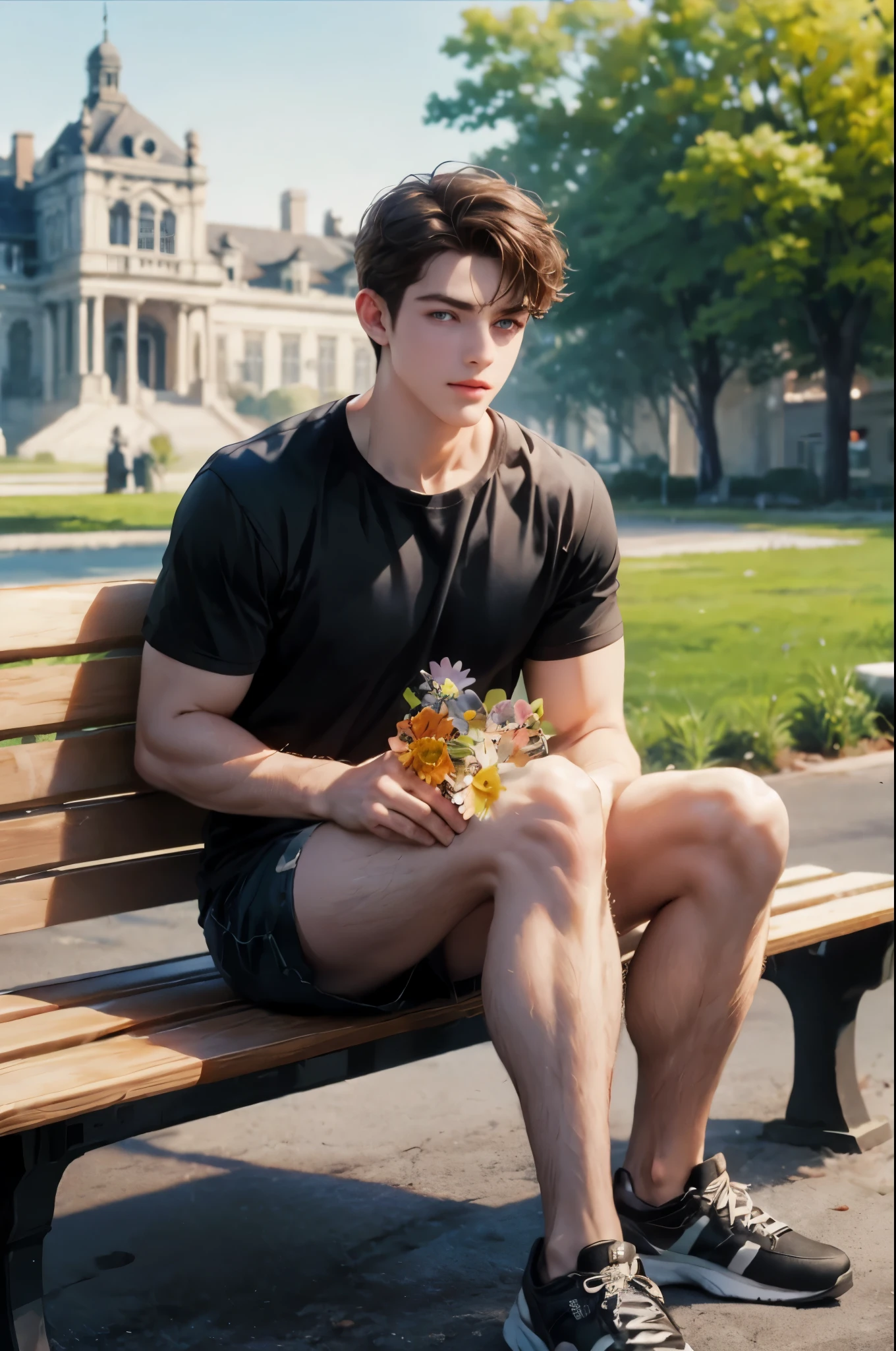full body view, one young white american actor with short brown hair, wearing Christian Dior white sweater with many 'CD' logos, black shorts, in white thick socks, He is sitting, resting in his white socks, on a low wall, showing off his white socks, with a red cloudy sky in the background