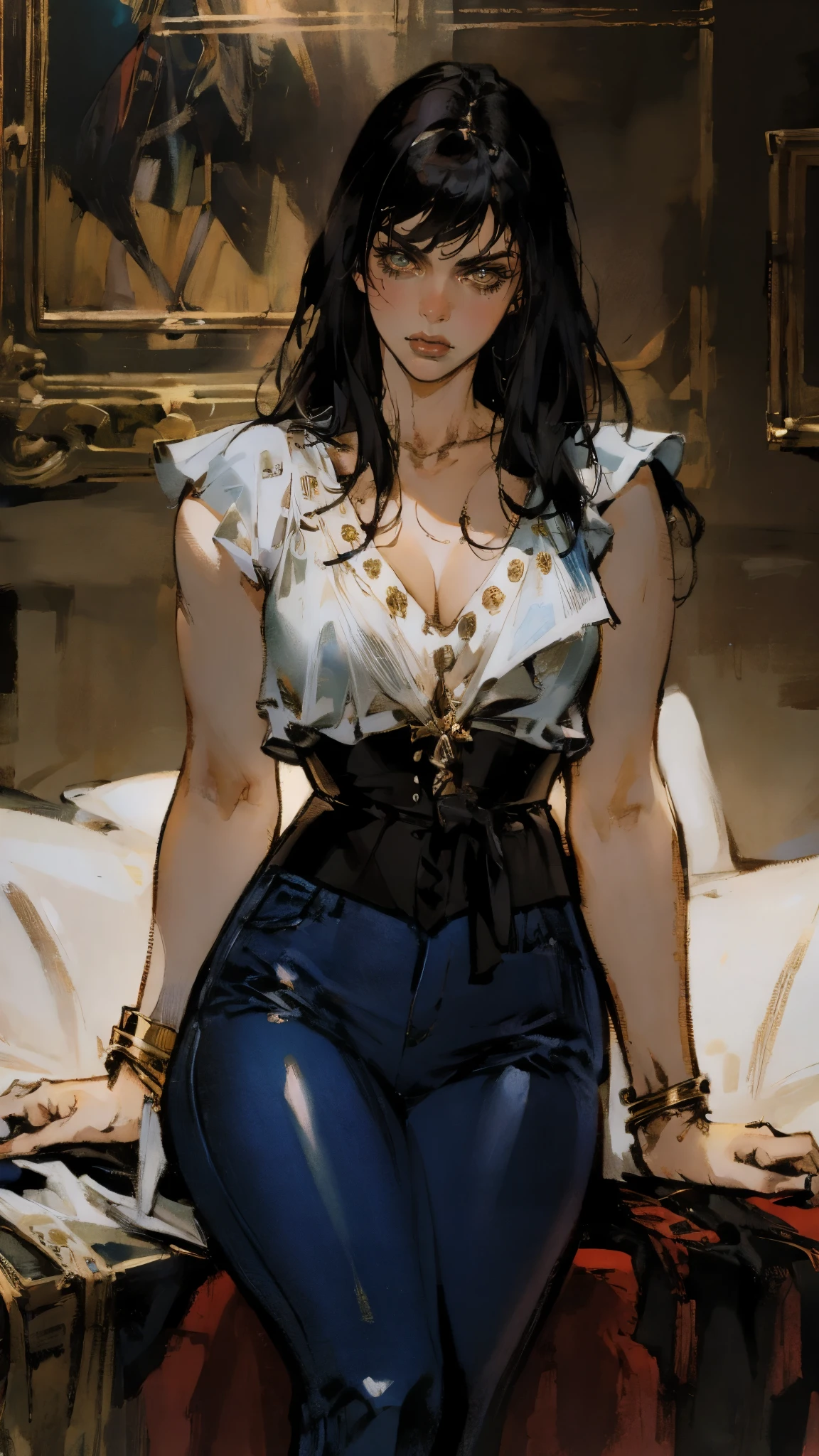 A beautiful woman with long shiny black hair, choppy bangs, a delicate face, a cold proud gaze, a fit figure, a fantasy-style high-necked leather breastplate top, sleeveless, exposes her waist, a bracelet adorns her wrist, tight-fitting leather pants, her right hand holds a Katana with a blue scabbard, she lounges casually sitting on a sofa, this character embodies a finely crafted fantasy-style bounty hunter in anime style, exquisite and mature manga art style, (Alexandra Daddario:1.2), high definition, best quality, highres, ultra-detailed, ultra-fine painting, extremely delicate, professional, anatomically correct, symmetrical face, extremely detailed eyes and face, high quality eyes, creativity, RAW photo, UHD, 32k, Natural light, cinematic lighting, masterpiece-anatomy-perfect, masterpiece:1.5