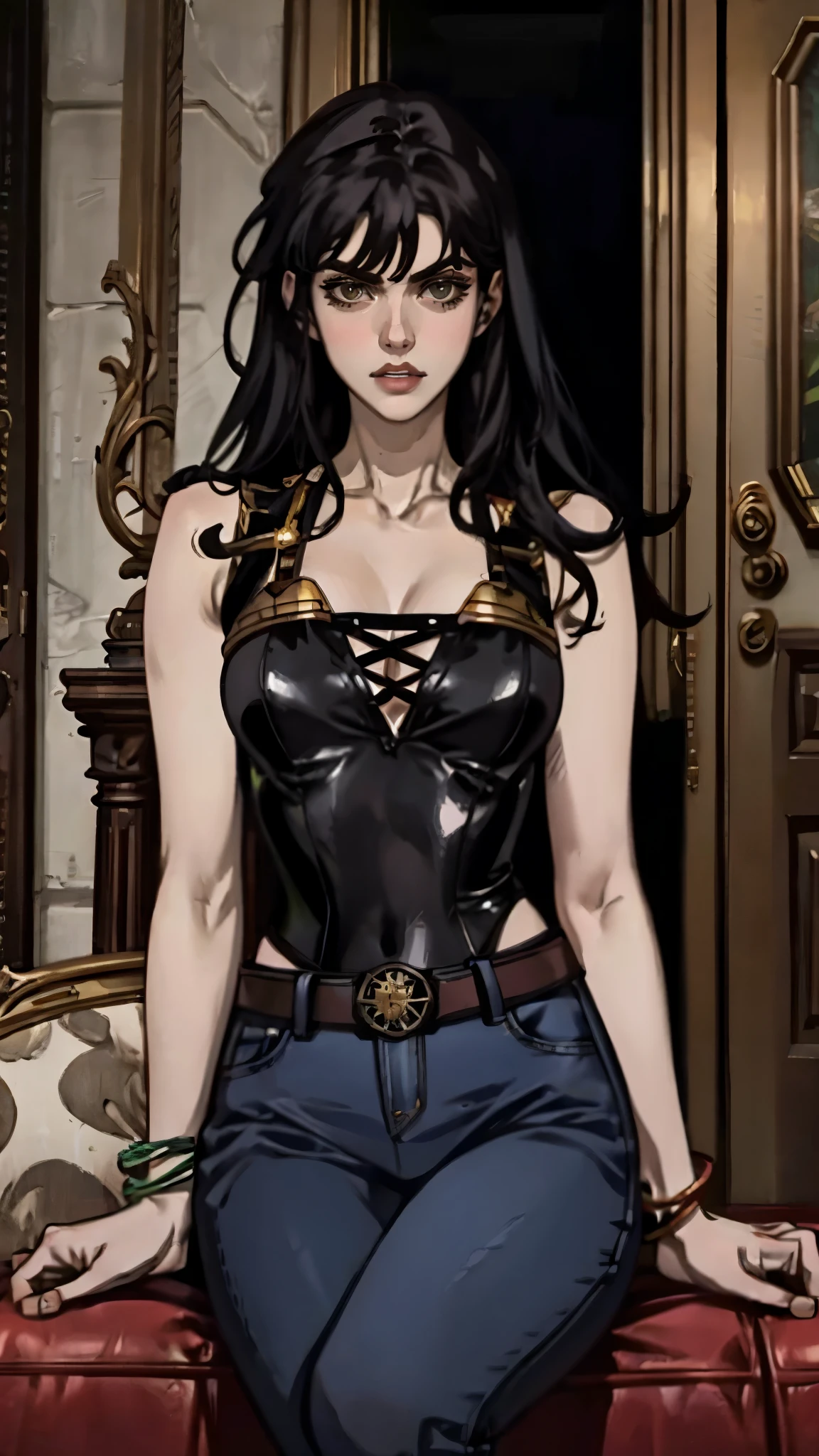 A beautiful woman with long shiny black hair, choppy bangs, a delicate face, a cold proud gaze, a fit figure, a fantasy-style high-necked leather breastplate top, sleeveless, exposes her waist, a bracelet adorns her wrist, tight-fitting leather pants, her right hand holds a Katana with a blue scabbard, she lounges casually sitting on a sofa, this character embodies a finely crafted fantasy-style bounty hunter in anime style, exquisite and mature manga art style, (Alexandra Daddario:1.2), high definition, best quality, highres, ultra-detailed, ultra-fine painting, extremely delicate, professional, anatomically correct, symmetrical face, extremely detailed eyes and face, high quality eyes, creativity, RAW photo, UHD, 32k, Natural light, cinematic lighting, masterpiece-anatomy-perfect, masterpiece:1.5