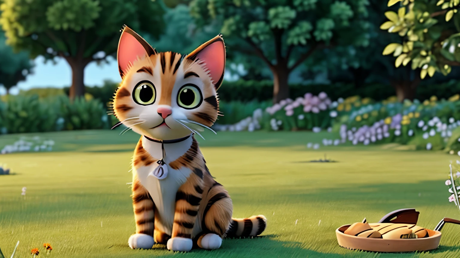 1 cat sitting on the grass, facing the camera, happy, meadow, garden