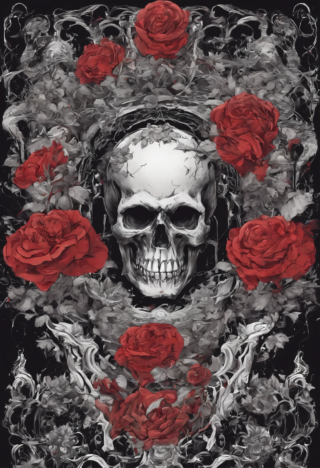 The head has a skull of roses and leaves, skull made of red roses, fantasy skull, Highly detailed dark art, Sacred skull, 8K highly detailed, death skull, 8k high quality detailed artwork, Dark digital art, But in detail, Decorated with devil skull, Highly detailed 4K artwork, Highly detailed digital art, gothic art