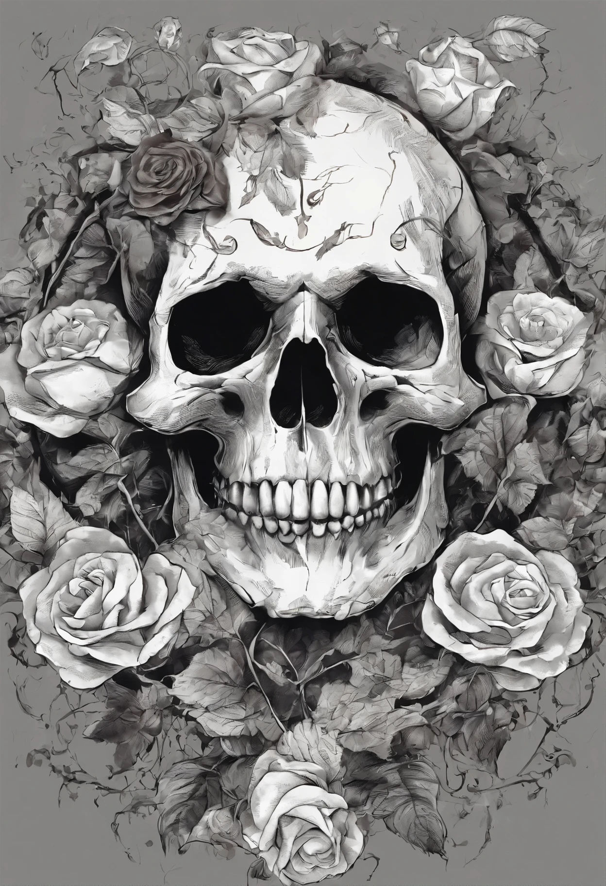 The head has a skull of roses and leaves, skull made of red roses, fantasy skull, Highly detailed dark art, Sacred skull, 8K highly detailed, death skull, 8k high quality detailed artwork, Dark digital art, But in detail, Decorated with devil skull, Highly detailed 4K artwork, Highly detailed digital art, gothic art