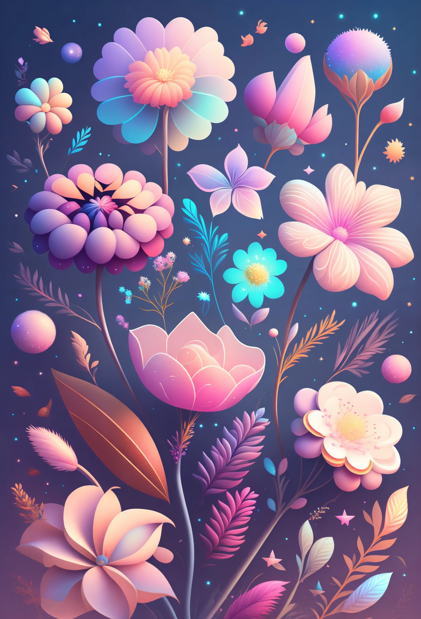 "various flowers, cartoon illustration, The sky has a soft gradient of colors,stars twinkling. Immerse yourself in a mysterious world filled with magical elements (weighted to 0.9)."
